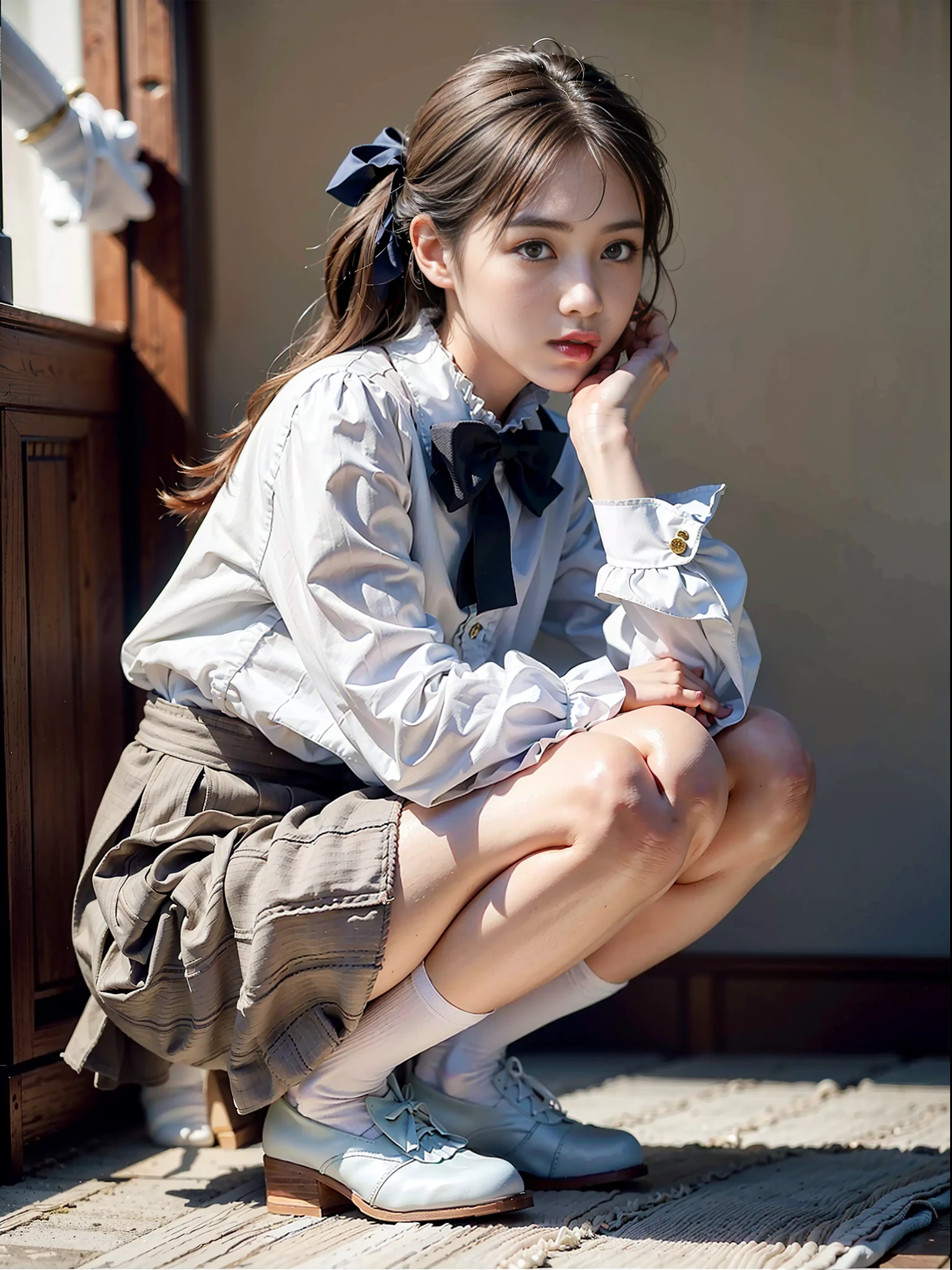 (Photoreal: 1.4), (Hyperrealistic: 1.4), (Realistic: 1.3), (Smooth Lighting: 1.05), (Improved Cinematic Lighting Quality: 0.9), 32K, 1 female, 24 year old female, Realistic lighting, Backlight, Face Lights, Ray Tracking, (Bright Light: 1.2), (Quality Improvement: 1.4), ( Realistic textured skin of the highest quality: 1.4), fine detailed eyes, detailed face, fine quality eyes, dark brown eyes, (tired, sleepy and satisfied: 0.0), pale lighting, white background, blouse with white frills, bow tie, dark blue skirt, dark brown hair, braided part of the hair and tied a small ribbon, squatting with knees, white silk ankle-length socks with ruffles, pumps