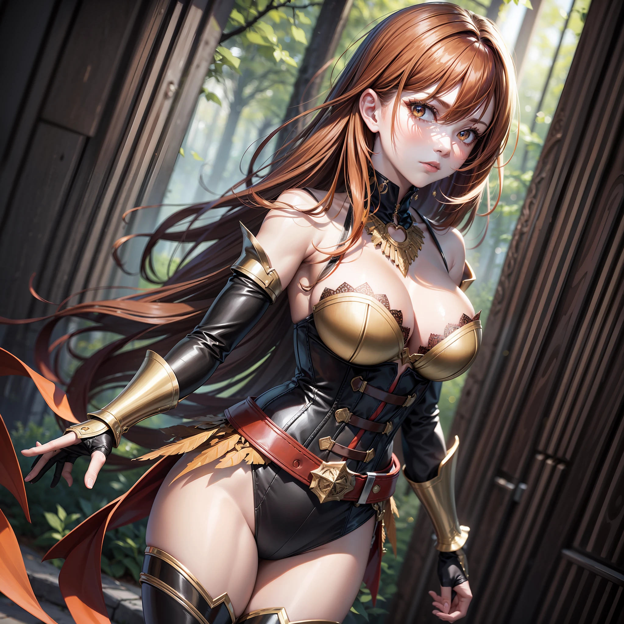 ({best quality}, {{masterpiece}},, {highres}),extremely detailed 8K wallpaper,(solo,1girl),young adult,curvaceous_body,d_cup_breasts,detailed_face,horizonal_view,slender waist,floating,perspective,beautiful_face,ample_breasts,high_saturation coloring,prodigy_girl,pale_skin,looking at viewer,standing next to viewer,confident,Phoneix_girl,fierce,confident,youthful,pale_skin
Blazing_red_hair,orange at tips,orange highlights,golden eyes,white pupil,crimson circlet around forehead,minor orange hairtip highlights
brown and blaze red shirt,deep crimson t-shirt,brown and gold corset,bands,dark brown long gloves with blazing trims,brown gauntlets,two holsters on waist,brown waistband,brown skirts,two feather hems,golden brown tassets,red feathery hem,deep brown and gold combat long boots,brown stockings with feather decorations. Red feather thigh bracer on left thigh,detailed
Standing in forests,autumn,early morning,misty,optimistic_expression,facing the light