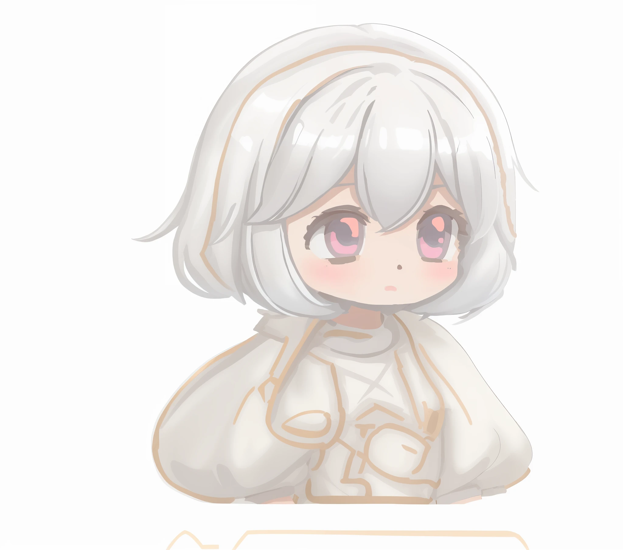 Drawing of girl with white hair and white dress, chibi anime, white hair god, chibi anime girl, chibi girl, kawaii chibi, holding fork, original chibi bunny girl, white cat girl, baihime haircut, girl, faint smile.
