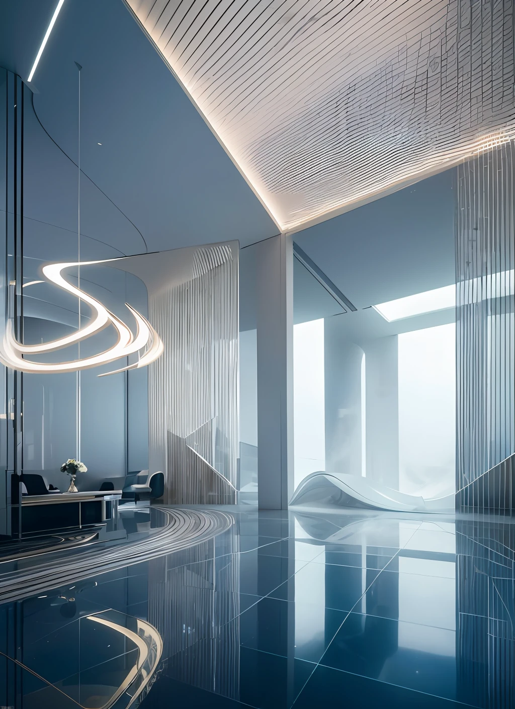 Cinematic photo of an interior design by Zaha hadid, double exposure, sad, ominus background, intrincate details, 8k, realistic colors, hyperrealistic, hdr, delicate detail, highly detailed, masterpiece, very beautiful, adorable, marvelous, exquisite, captivating, smoke, particle fx, mist, fog, --auto --s2