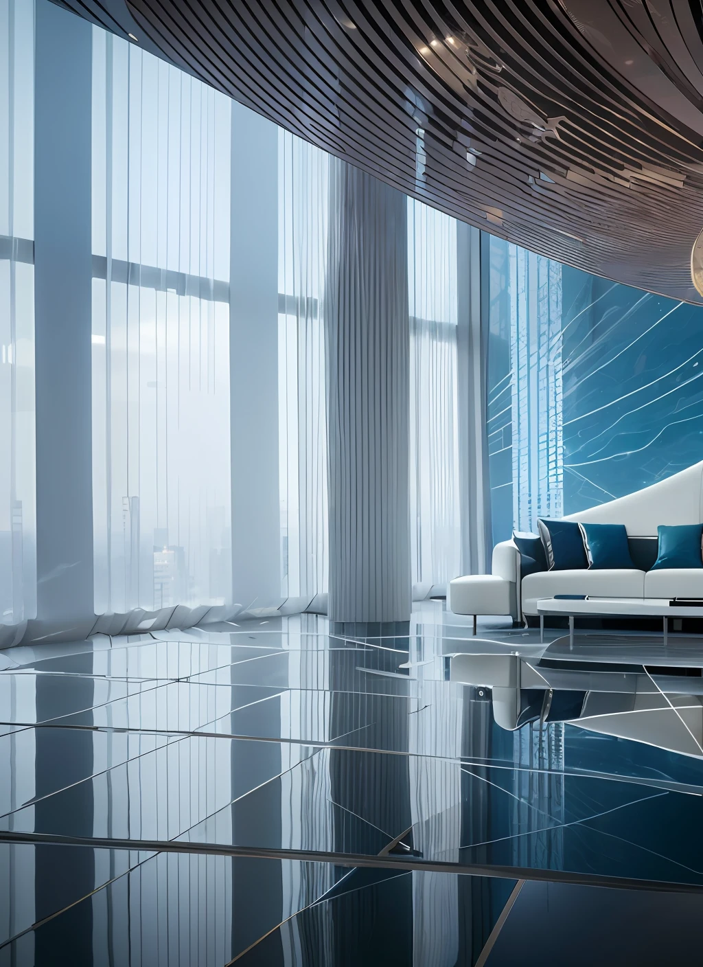 Cinematic photo of an interior design by Zaha hadid, double exposure, sad, ominus background, intrincate details, 8k,  realistic colors, hyperrealistic, hdr, delicate detail, highly detailed, masterpiece, very beautiful, adorable, marvelous, exquisite, captivating, smoke, particle fx, mist, fog, --auto --s2