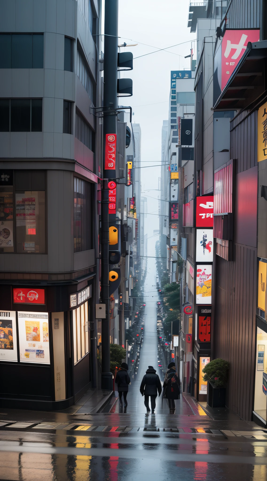 drone view, misty, rain, there is a person walking up a set of stairs in a city, a still of Shibuya, streets of Tokyo, street of Tokyo, in Tokyo, city like Tokyo, walking over a tiny city, Shibuya cyberpunk, artwork of a Tokyo street, man walking through city, inspired by Carl Spitzweg, by John La Gatta