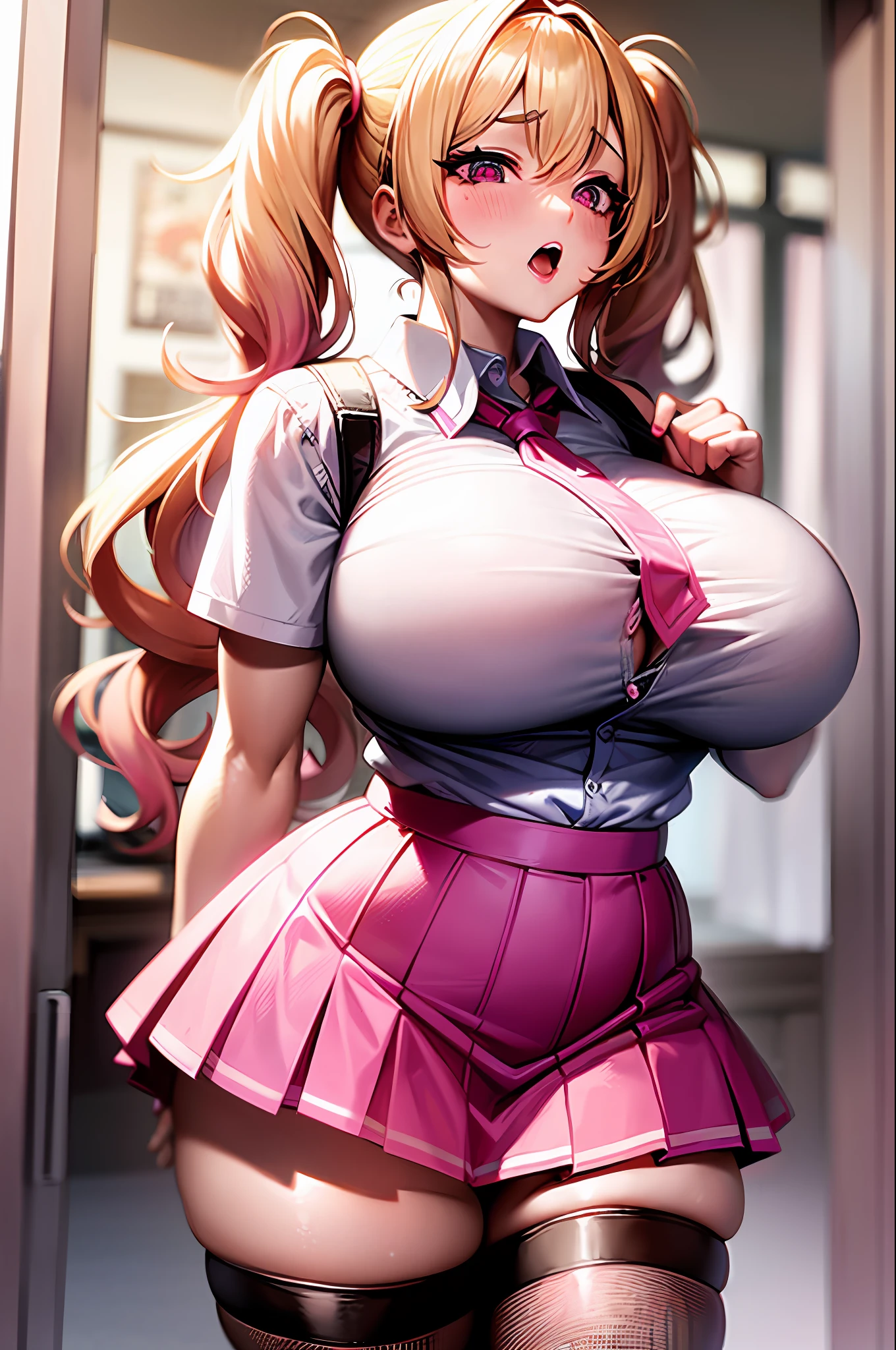 Adult Woman, Adult, with Blonde Pigtails wearing a hot pink Schoolgirl uniform with huge boobs, Lots of cleaveage, very curvy, thigh highs, Very Short Pink Skirt, Curvy. Slutty, Pink Vibe, Pink Environment, Pink Aesthetic, Very Girly, Horny, ahegao