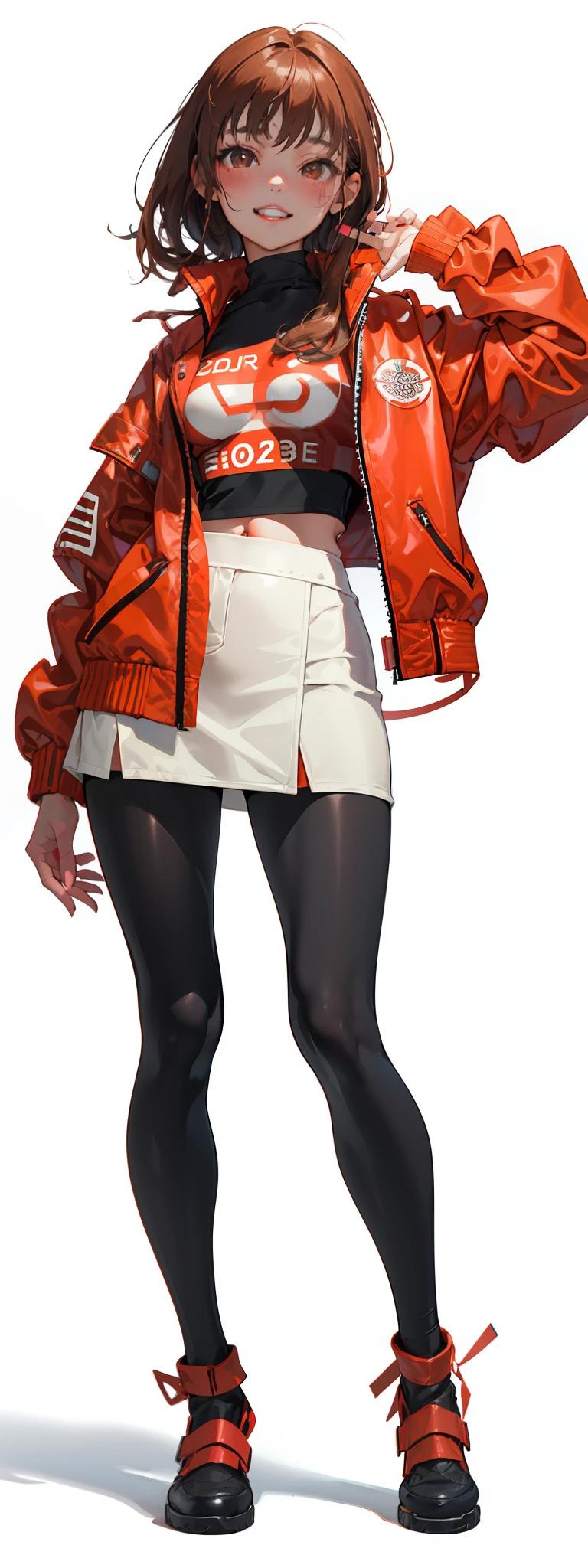 1girl, solo,underwaterbrown hair, brown eyes, parted lips, long sleeves, jacket, simple background, upper body, red background, looking at viewer, teeth, red jacket, lips, cosplay,  full body, smile，motorbike