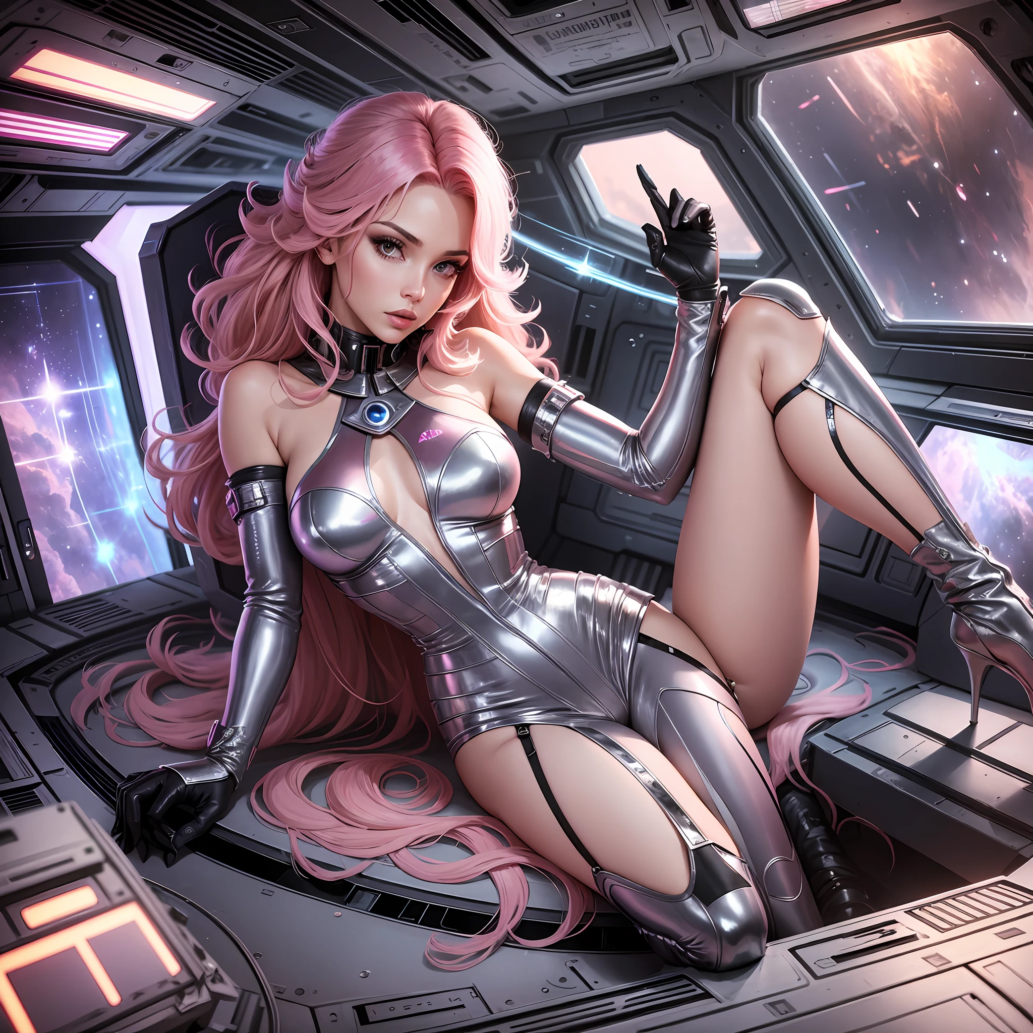 1970's style sci fi movie production stills. F/13. ai by v. long shot, high perspective view, full body in frame. depth of field, various dramatic glamor poses. Glamorous pink hair Barbarella style with striking eyes and fantastic hairstyle, wearing intricate sparkly detailed design kinky [white] space suit, holding a raygun, laying on a spaceship bed. in the production style of Roger Vadim --auto --s2