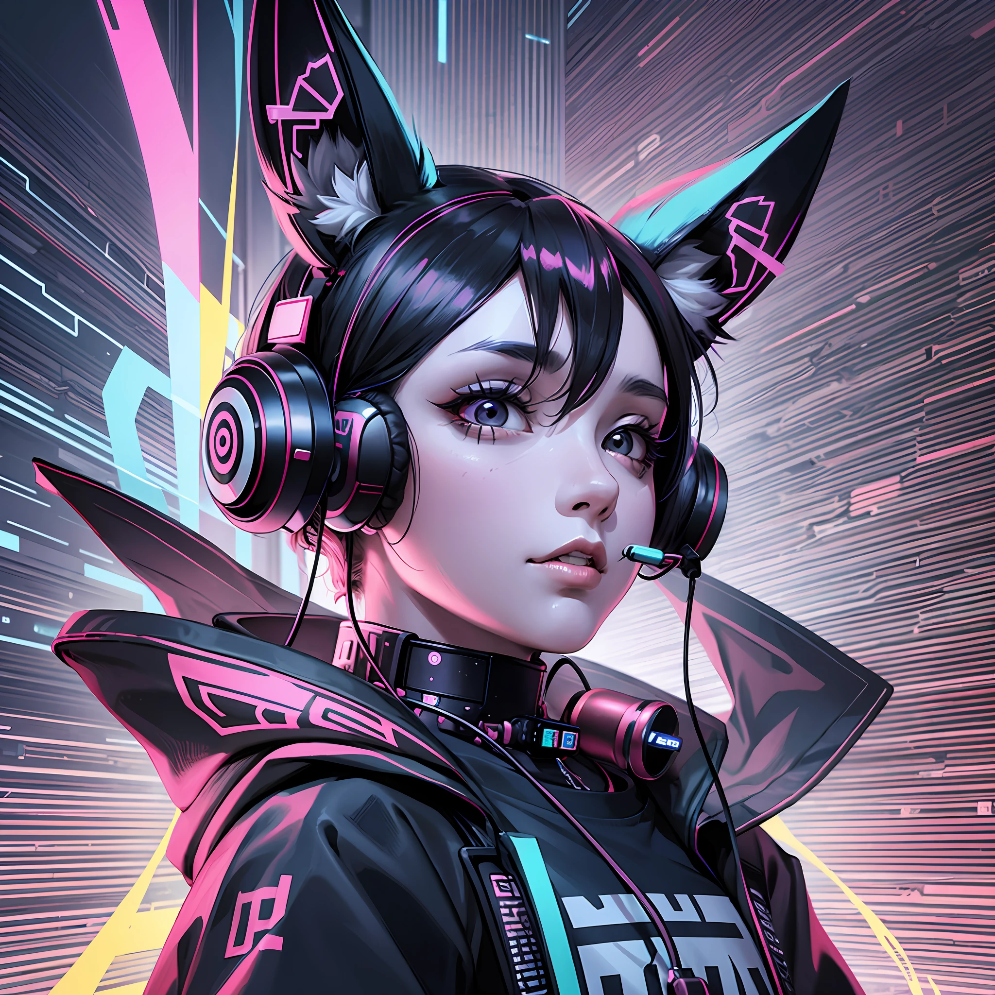 A cyberpunk dog with earphones, 2d, flat design, t-shirt design