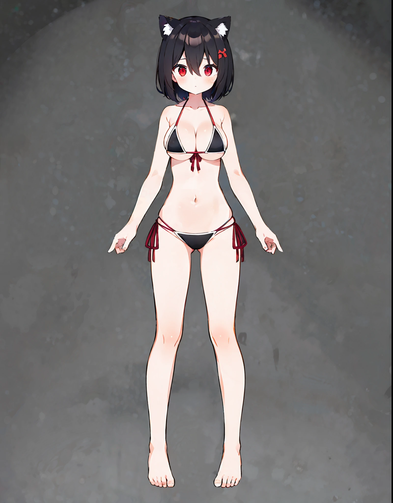 girl,cat ears ,big boobs ,black hair ,red eyes ,short hair ,red hairpin ,messy hair,hair between eyes ,(full body ,standing ,micro bikini ,bare shoulders ,sleeveless,bare feet ,bare legs ,cleavage)