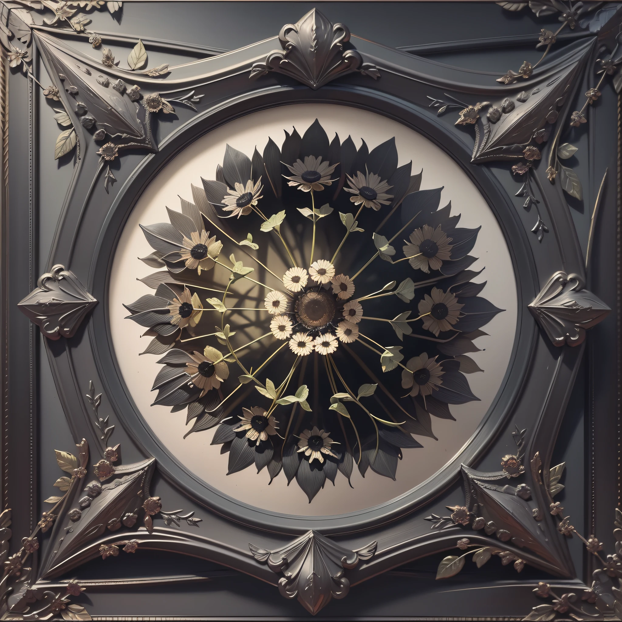 black dandelion flower in a frame, all black leaves, in a frame, border is small black dandelion flower,, 8k high quality detailed art, highly detailed digital painting, melanchonic dark light, highly detailed 4k digital art, elegant digital painting, very beautiful digital art, highly detailed 4k art, gothic edge ornament.