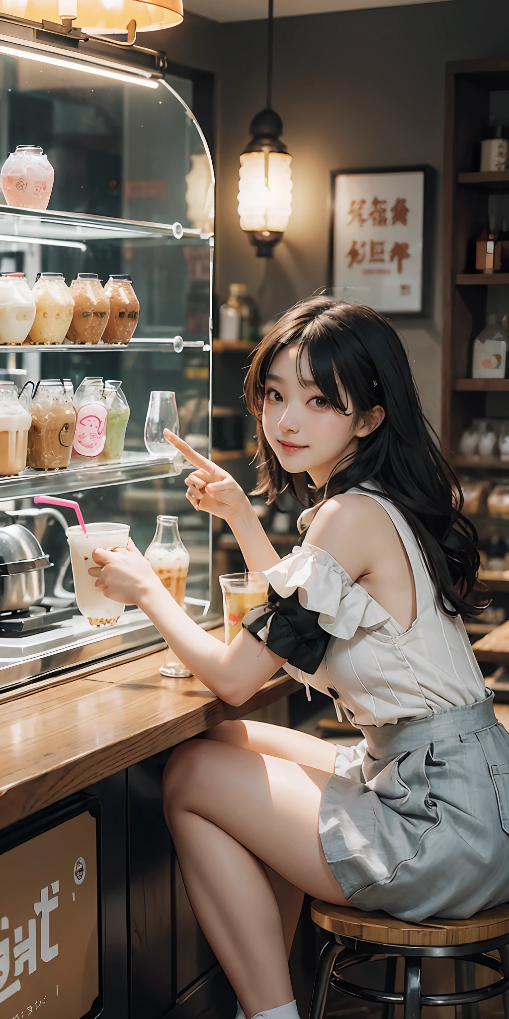 Girl in milk tea shop, waving hello, smiling, opening her mouth, drinking milk tea, rosy blush, round, cute, delicate facial features, slightly fat, messy long hair, huge breast weight, (off-the-shoulder_suspender_vest, sexy), (maid miniskirt), (fishnet black silk long legs_reflective), (shuo bottled _straw_bubble tea), edible, bright, les screen, mirror_glass counter, milk tea machine, movie light, neon light, highlight, macro overlook, bent over