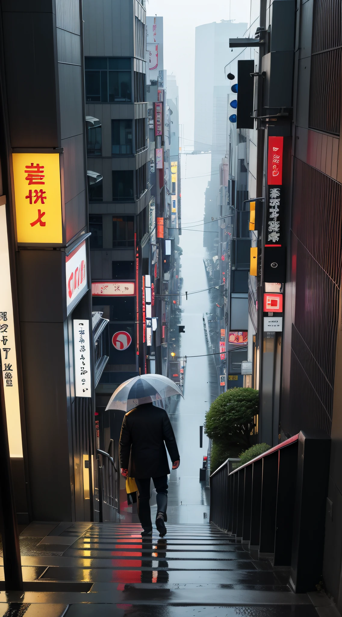 drone view, misty, rain, there is a person walking up a set of stairs in a city, a still of Shibuya, streets of Tokyo, street of Tokyo, in Tokyo, city like Tokyo, walking over a tiny city, Shibuya cyberpunk, artwork of a Tokyo street, man walking through city, inspired by Carl Spitzweg, by John La Gatta