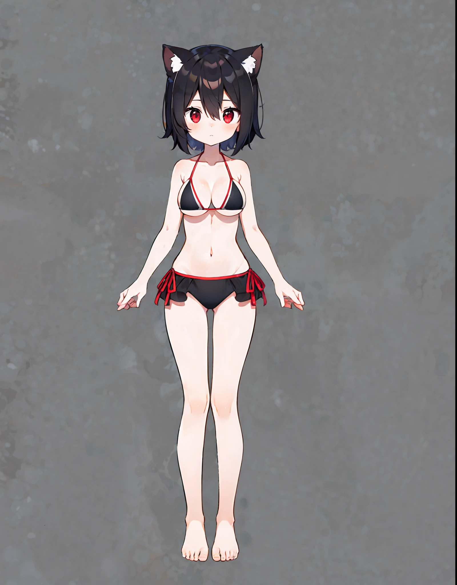 girl,cat ears ,big boobs ,black hair ,red eyes ,short hair ,red hairpin ,messy hair,hair between eyes ,(full body ,standing ,micro bikini ,bare shoulders ,sleeveless,bare feet ,bare legs ,cleavage)