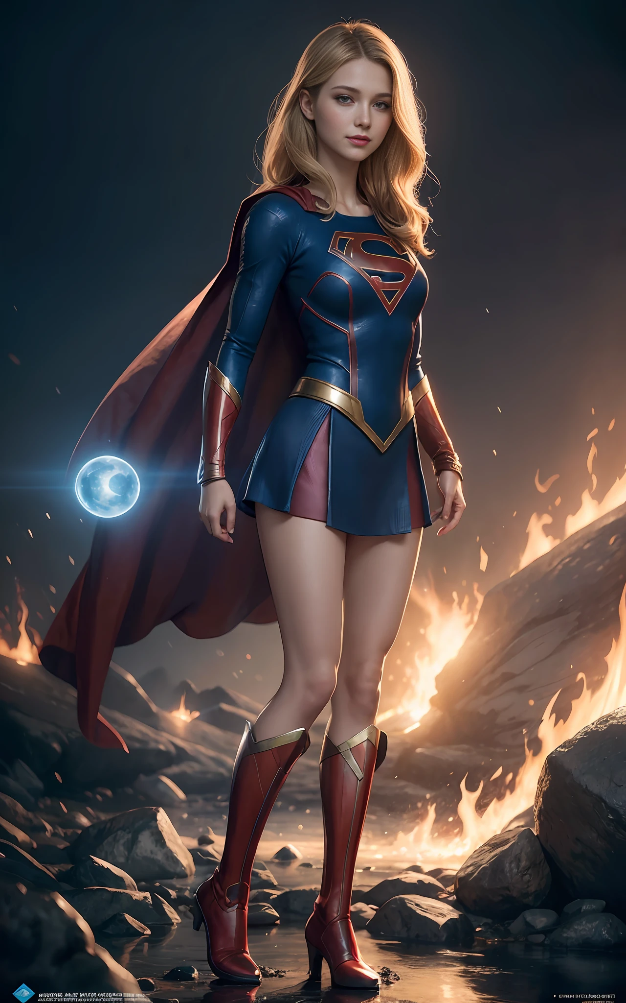 Supergirl, Mysterious Smile, 3D Magical Detail, James Jean Soft Light, 4K, Yuri Schvedorf and Tom Bagshaw, Beautiful Digital Artwork, Sylvain Sarrell and Igor Mosky, Full Body Shot