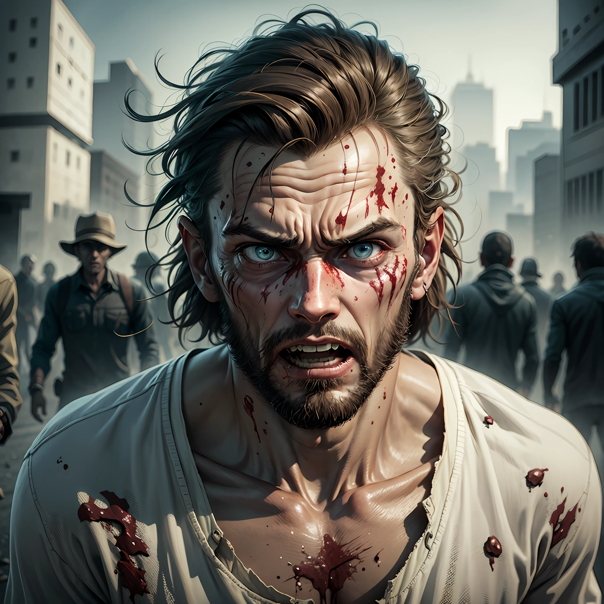 Walking dead type scene, young man running face to face, high definition face, scared face, with zombies to prey --auto --s2