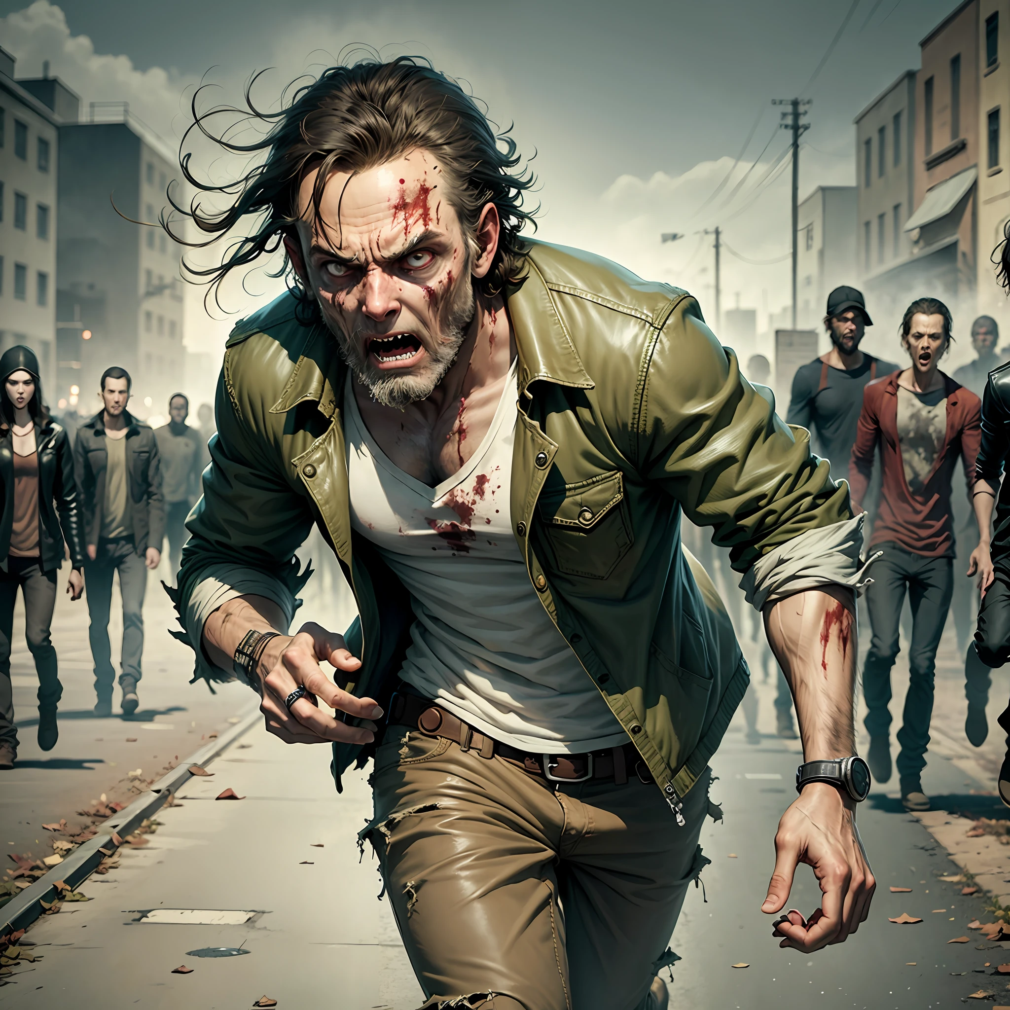 Walking dead type scene, young man running face to face, high definition face, scared face, with zombies to prey --auto --s2