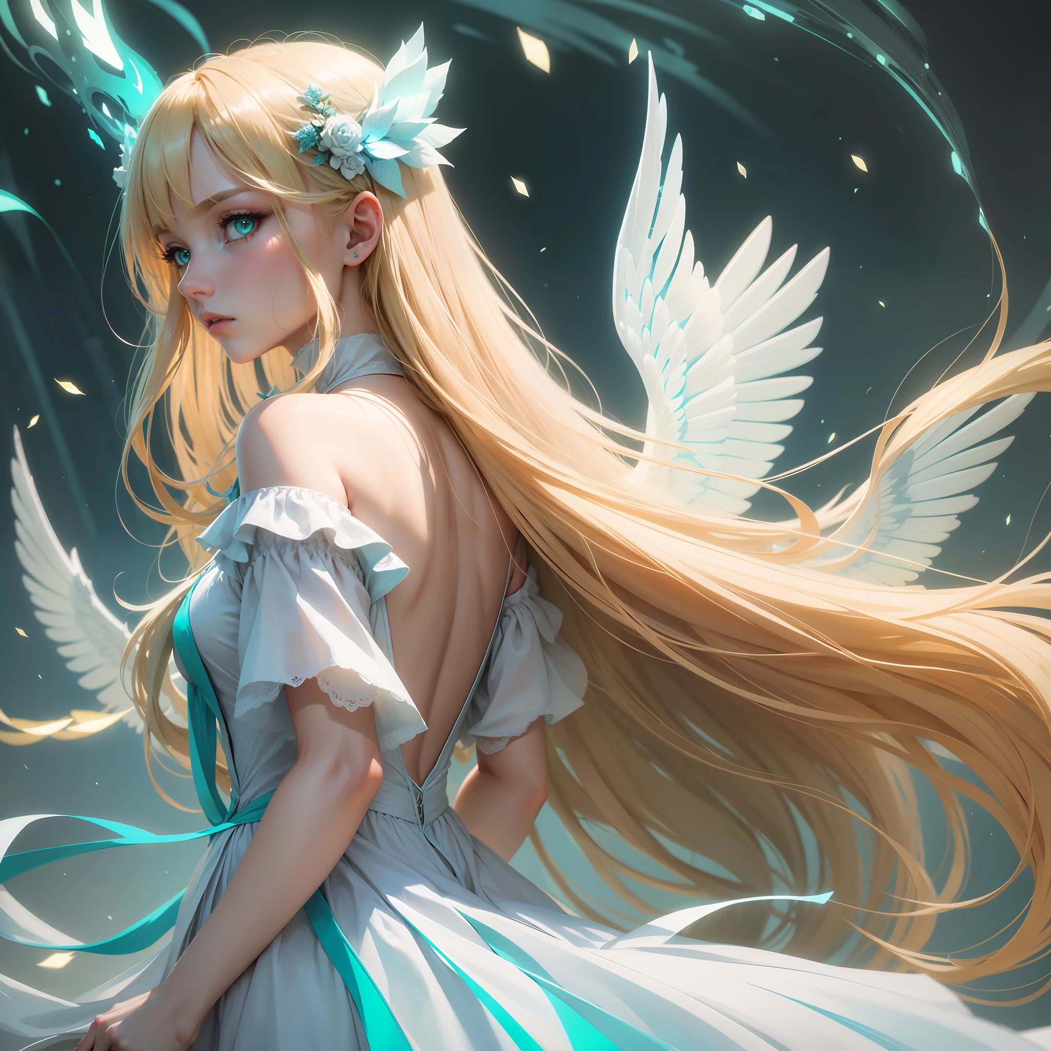 Woman, long blonde hair, water green eyes,solo,32k,Super-Resolution,Full-HD,1080p,Fullscreen,Wallpaper,Generated by Midjourney,1080p, alone, bangs in hair, dressed in a light blue dress, two white wings made of light on the back, white neon wings