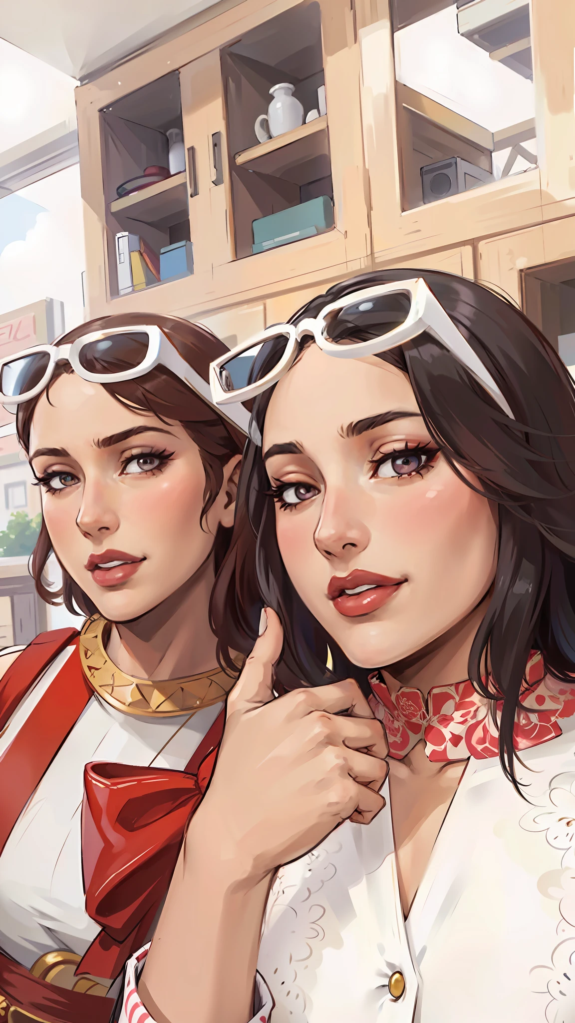 (masterpiece),(best quality:1.0), (ultra highres:1.0), detailed illustration, 8k, anime, 2girl, beautiful anime girls, wearing pretty dresses, brown dress, white dress, pretty face, detailed face, beautiful eyes, detailed eyes, looking at the camera, looking at the viewer, dark eyes, pretty lips, red lipstick, smiling, happy, beautiful stylish hair, highlights in hair, sunglasses bangs anime style, best quality, vibrant