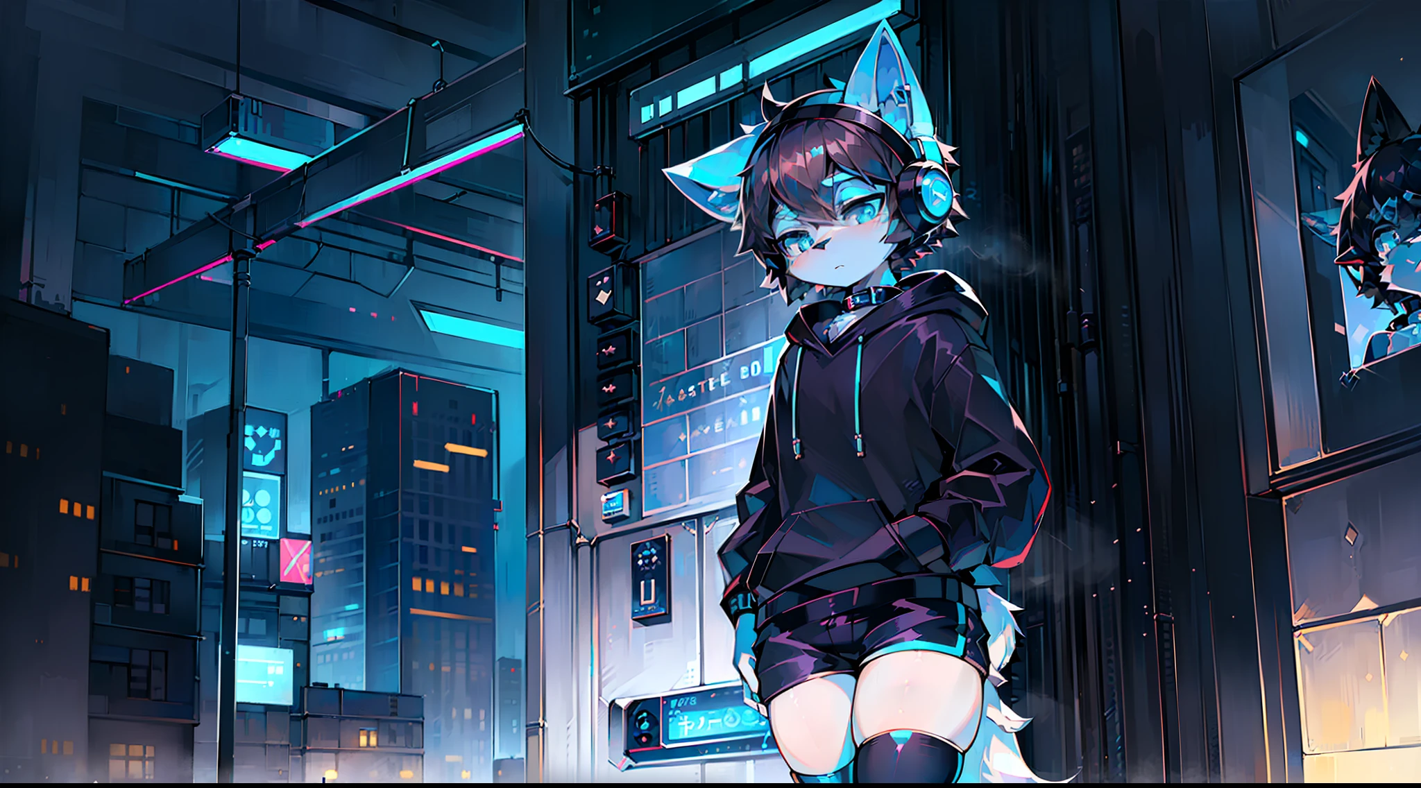 collar, (headphones:1.4), short hair, (black hair:1.35), (Thigh Highs:1.45), ((blue eyes:1.45)), ((thin:1.55)), ((canine:1.34)), ((white body:1.36)), child, hoodie, (short pants:1.45), soft, (((master piece))), snow fox, 1boy, neon city, shy, gamer