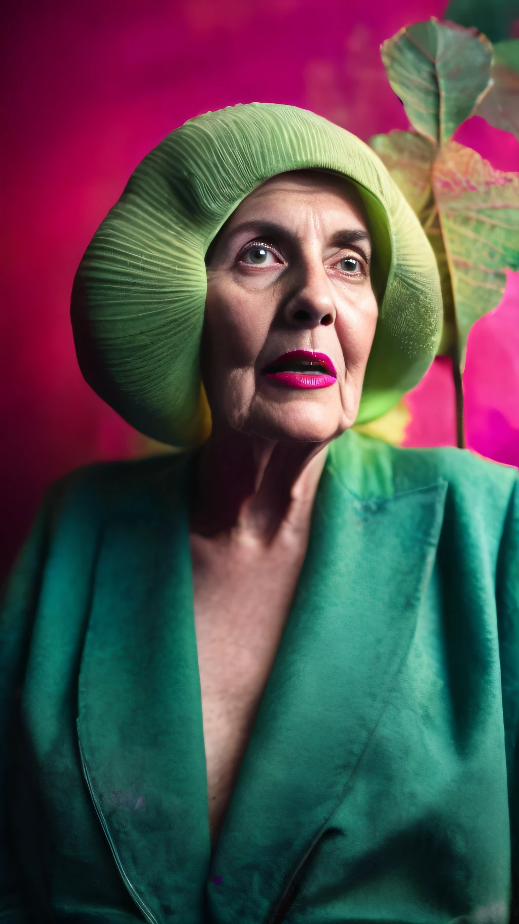 arafed woman in green jacket and hat with a flower in her hair, inspired by Méret Oppenheim, inspired by Bert Stern, inspired by Leonora Carrington, inspired by Henriette Grindat, editorial portrait, inspired by Horst Antes, inspired by Cecil Beaton, inspired by Cindy Sherman, inspired by Billie Waters