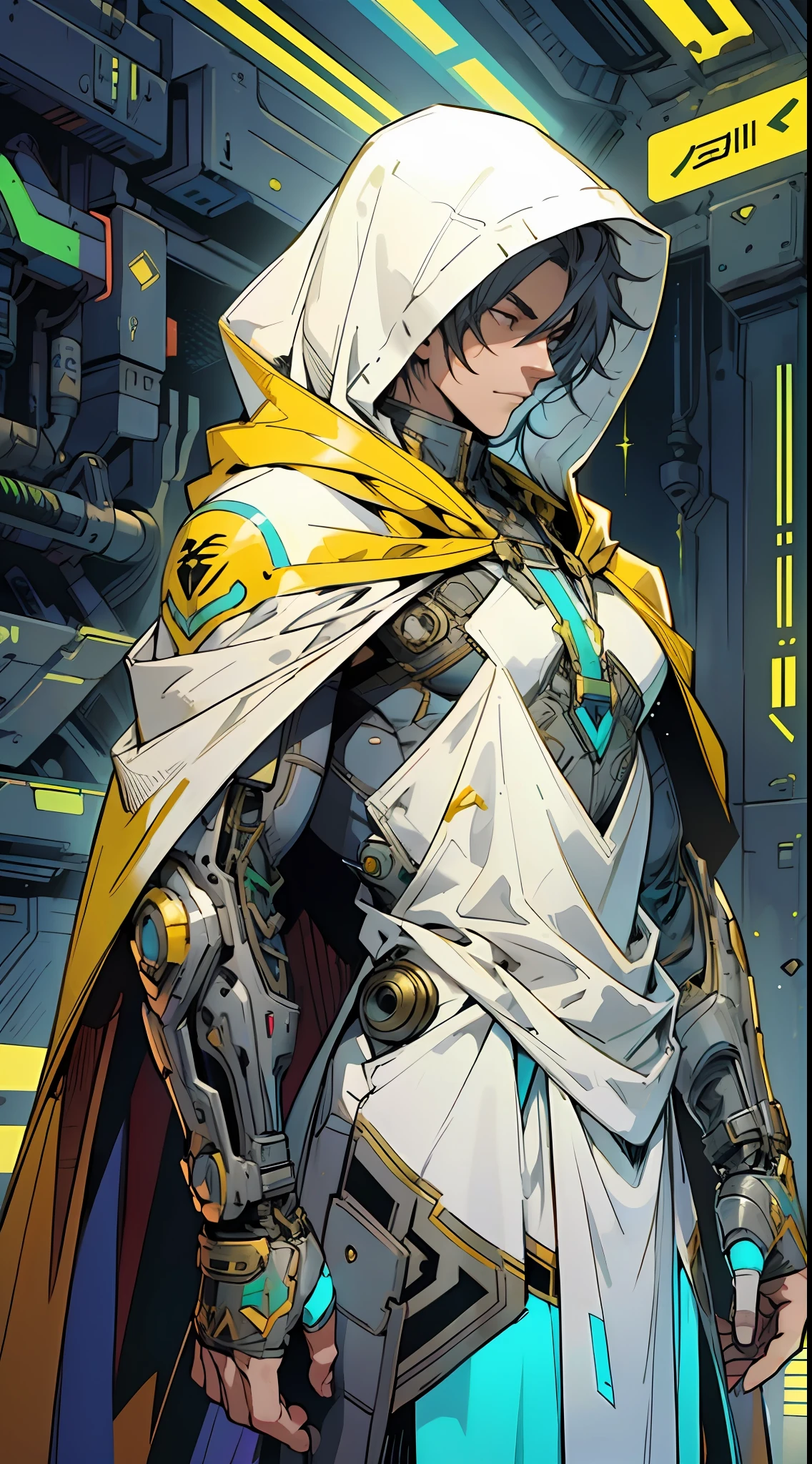 Draw a hero wearing a green and gold costume with futuristic details. The suit should look technological and advanced, with bright lines and cybernetic elements. The hero must wear a white hood that covers his head but leaves his face exposed, and a white cape that extends from his left shoulder to his left ankle, giving him an asymmetrical and dynamic look. The hood and cape should have an elegant and fluid appearance, suggesting movement even when the hero is stationary. Feel free to add any other details or accessories you see fit to enhance the futuristic aspect of the hero. Remember that the main emphasis is on the design of the costume, hood and cape, and your creativity is welcome to make the hero unique and impressive