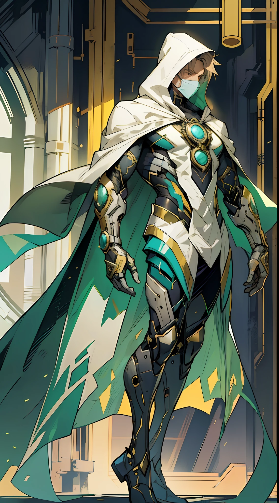 Draw a hero wearing a green and gold costume with futuristic details. The suit should look technological and advanced, with bright lines and cybernetic elements. The hero must wear a white hood that covers his head but leaves his face exposed, and a white cape that extends from his left shoulder to his left ankle, giving him an asymmetrical and dynamic look. The hood and cape should have an elegant and fluid appearance, suggesting movement even when the hero is stationary. Feel free to add any other details or accessories you see fit to enhance the futuristic aspect of the hero. Remember that the main emphasis is on the design of the costume, hood and cape, and your creativity is welcome to make the hero unique and impressive