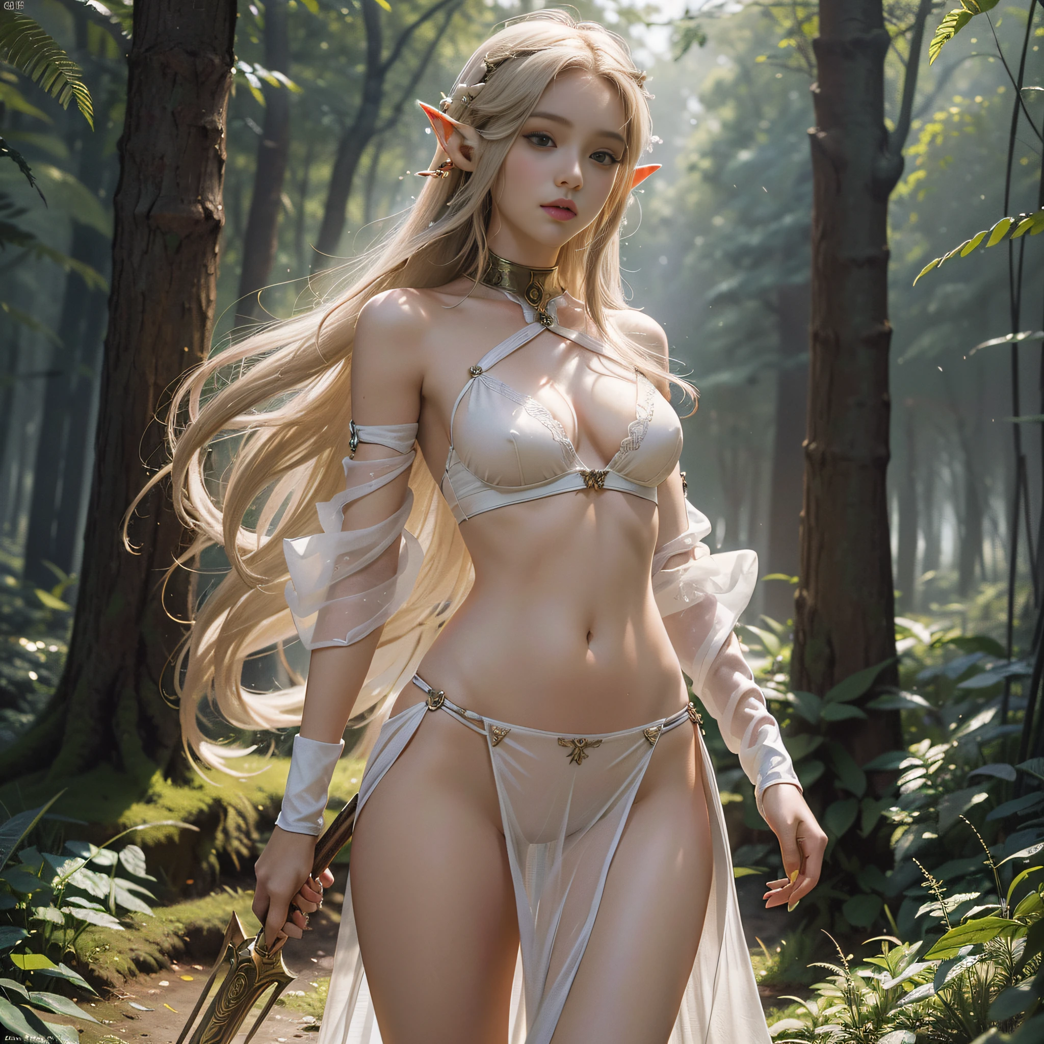 (masterpiece), (best quality), 8k resolution, super detailed, ultra-detailed, realism, photos, photorealism, (1 girl), (girl leading a white horse: 1.8), (((elves: 1.8))), horse running, in the forest, beautiful girl, slip dress, stunningly beautiful, standing, cool pose, cinematic light, calm color palette, peaceful mood, soft shadows, sexy, slit to belly button, slit to belly button, slit to abdomen, transparent, fig leaf, (Very small bra: 1.2), ((Insert staff into the abdomen: 1.8)), ((Spring state: 1.8)), ((estrus state: 1.8))