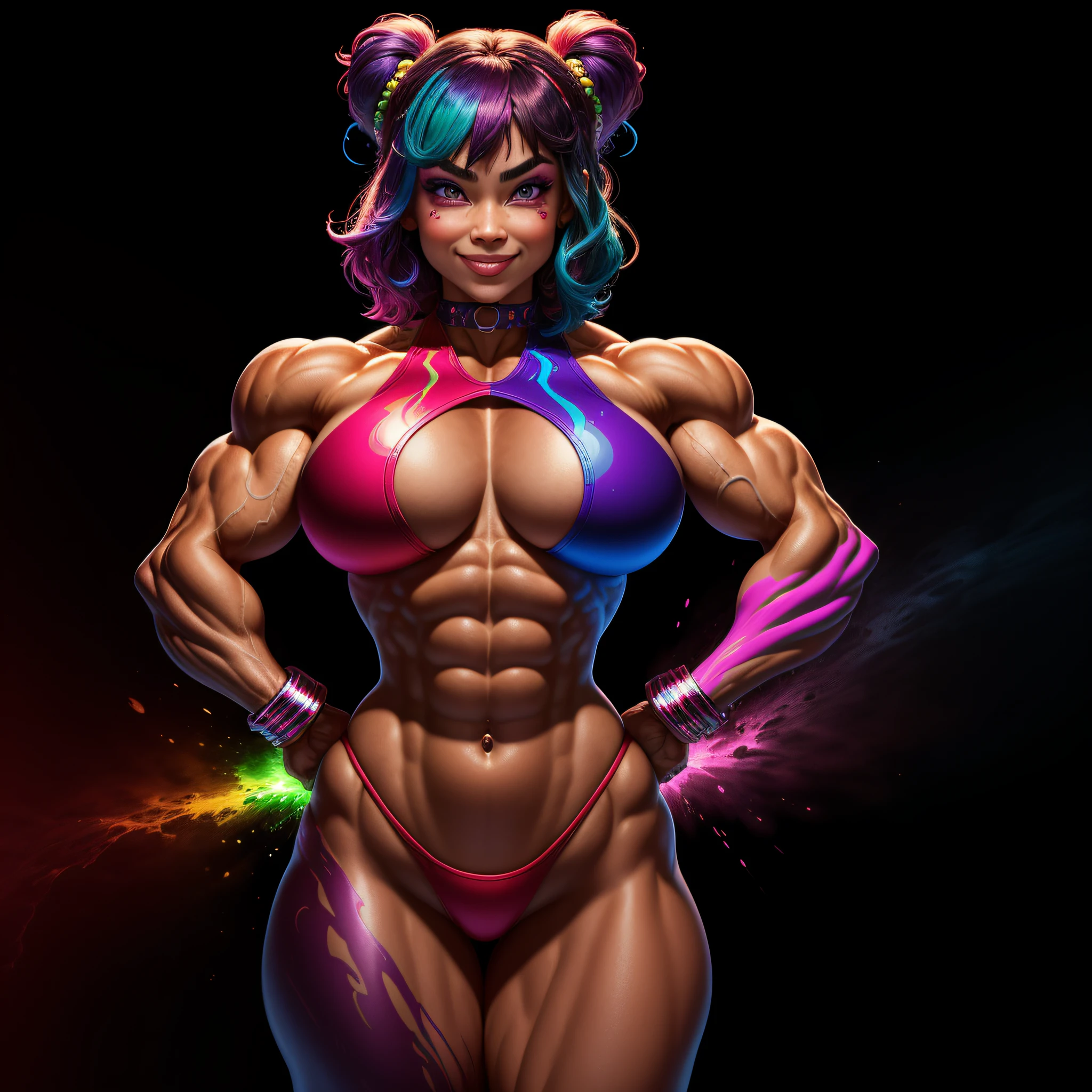 photo of (Chloe Grace|Miranda Kerr:0.7), 1girl beautiful young girl daemon, realistic, masterpiece, highres, full body, (hypermuscle, huge muscles, flexing, veins, very vascular, very muscular, strong, powerful, female domination:1.9, female goddess:0.9, female power0:1.9), wild rainbow toxic hair, wearing a wild skirt, wearing a colorfull small bikini top, curvy body, toned body posing near a dark background [(colorful explosion psychedelic toxic neon paint colors:1.4)::0.30], BREAK, looking at viewer, smug, confident, smile, navel out, hyper realistic lifelike texture, best quality, ultra high res, photo realistic, (elite:0.2), (underwater:0.3), (nasty:0.9),