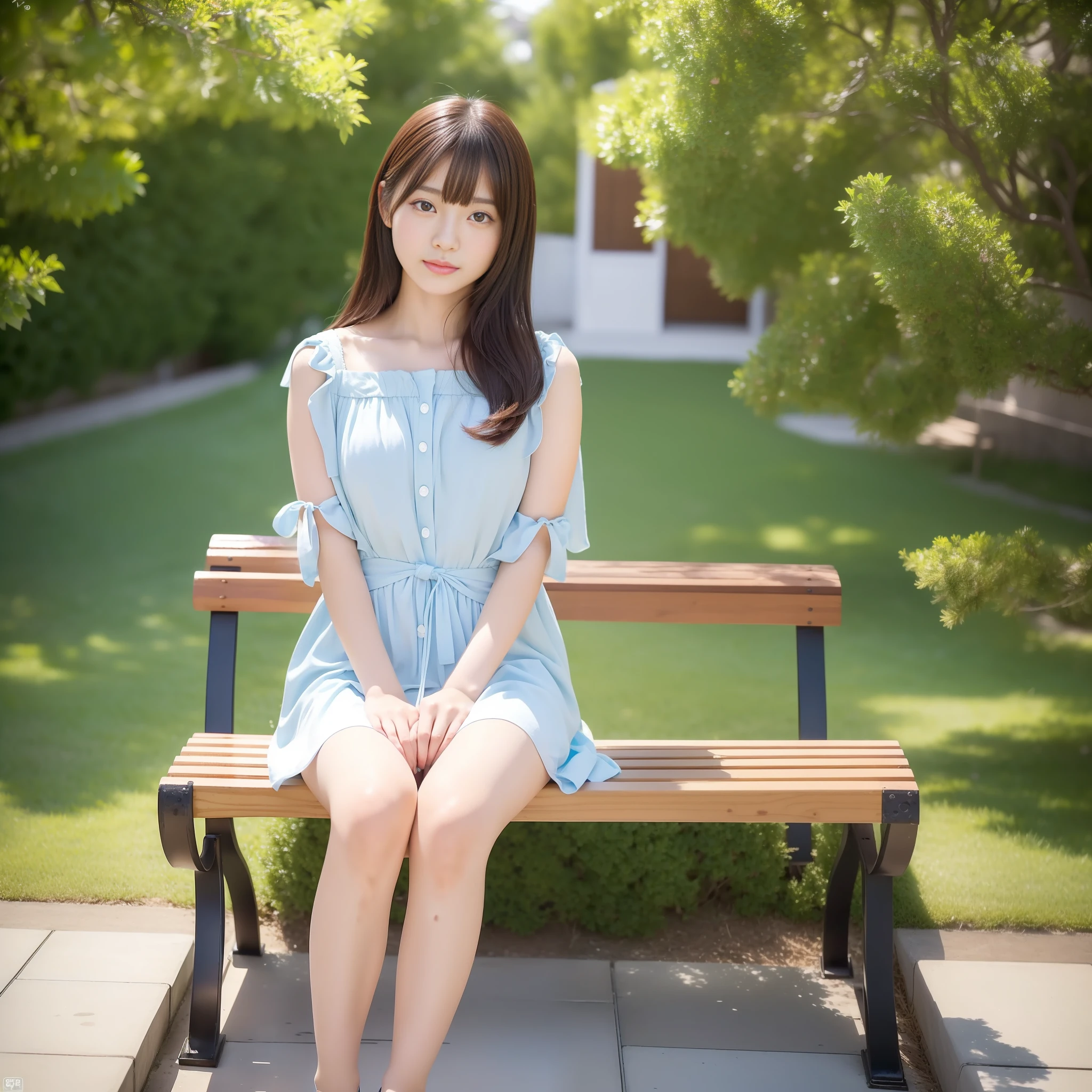 ((最高品質、8k、傑作))、(japanese girl sitting on a bench in front of her house, gorgeous young Korean girl, beautiful Korean girl, beautiful and young Korean girl, Korean girl, Ulsan, young and adorable Korean girl's face, Nara Yoshitomo, young and cute one Asian girl's face, Sakumi-chan, beautiful Asian girl, cute and delicate
