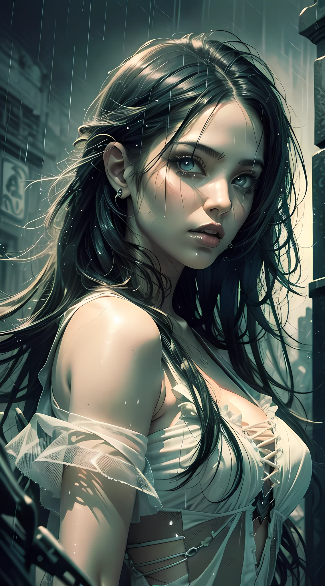 awesome illustration, very sexy beauty woman, long black hair, perfect mouth and lips, Godmachine Style, a night rain atmosphere, graveyard with zombies background, realistic, staring at camera, wearing sexy white dress costume