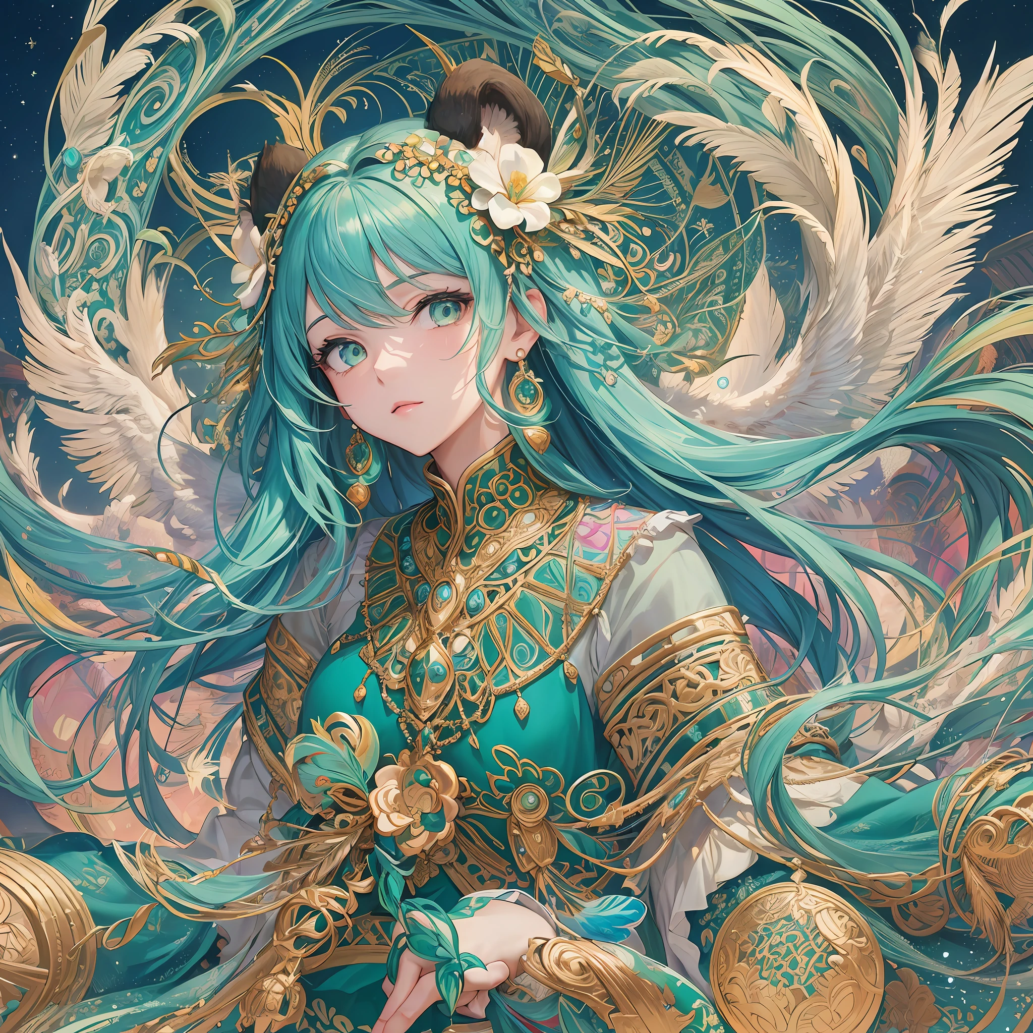 (Masterpiece, Top Quality, Best Quality, Official Art, Beautiful and Aesthetic: 1.2), (1 Girl: 1.3), White and Green, Very Detailed, (Fractal Art: 1.1), (Colorful: 1.1) (Flower: 1.3), Supreme Detail, (Zentangle: 1.2), (Dynamic Pose), (Abstract Background: 1.3), (Shiny Skin), (Many Colors: 1.4), (Earrings), (Feathers: 1.5), ( Wind: 1.3), emerald, long hair, wrapped in light, detailed background, phoenix dress, panda ears, vivid eyes --auto --s2