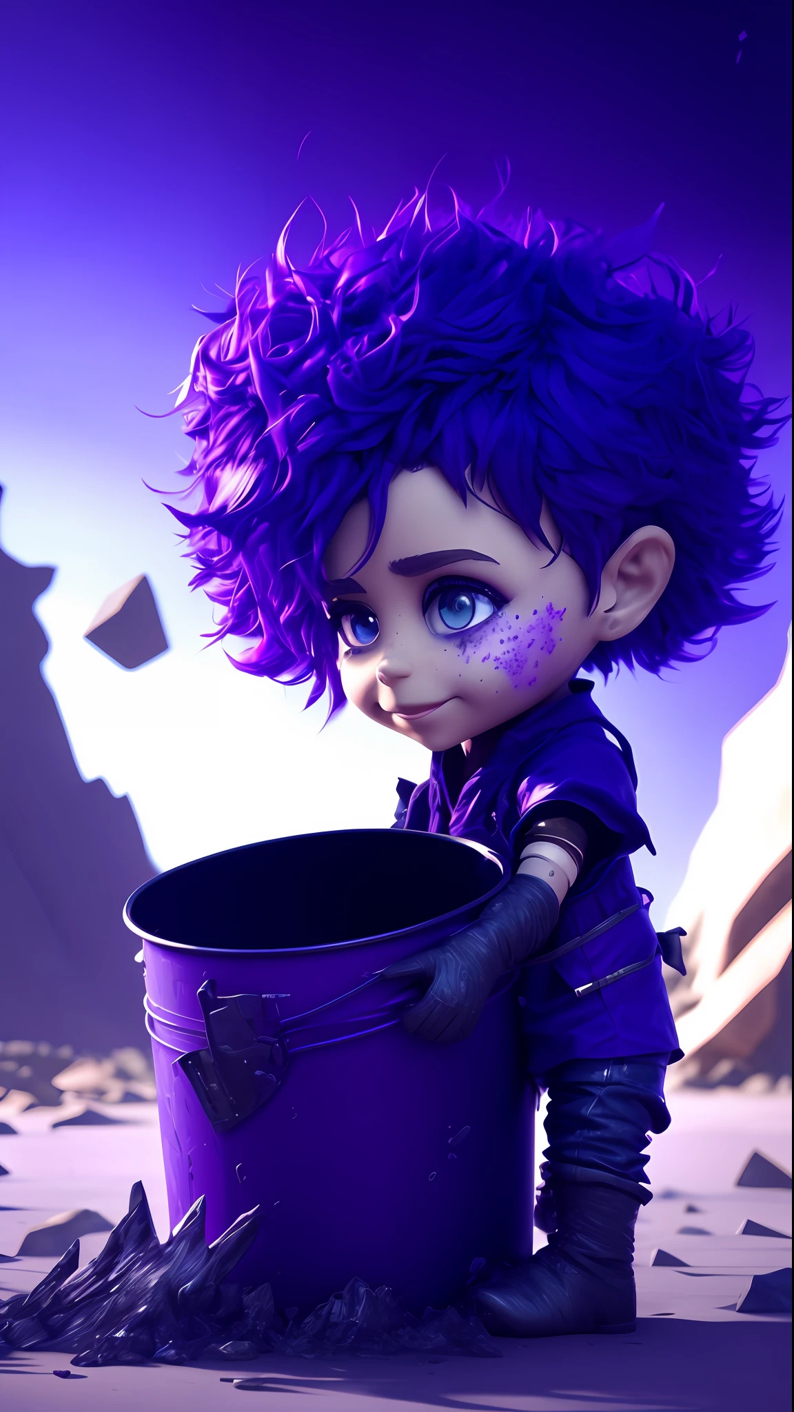 purple haired boy with purple hair and purple makeup holding a trash bucket, adorable digital painting, children's art in artstation, beautiful 3d render, epic 3d illustrations, epic digital art illustration, 3d, cute detailed digital art, rolands zilvinskis 3d render art, stunning digital illustration, 3d character art, with background of a beautiful and lush forest,  realistic photography,