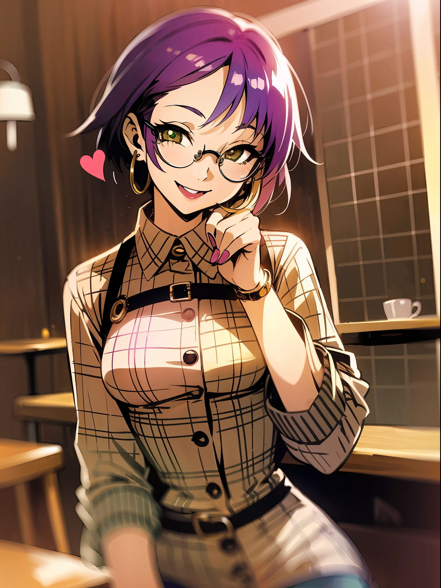 A jovial adult woman, smiling, cheerful, calm and peaceful expression, cute pose, glasses, very short and messy purple hair, emerald green eyes, clothes bigger than her, open plaid jacket full of zippers and assorted stickers and brooches, small breasts, white T-shirt, dark jeans, red lipstick, heart earrings made of emeralds, many rings on the hands, in a café, (sepia:1.2), various lighting effects, warm weather
