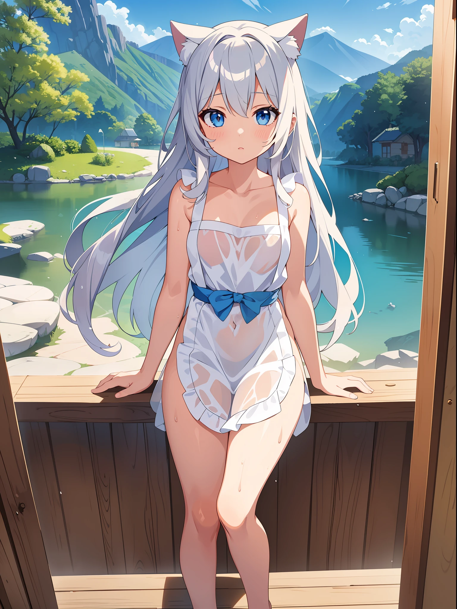 (Masterpiece), (Highest Quality Anime Illustration), (Super Definition), One Girl, Solo, Beautiful Girl with Silver Hair, Anime Loli, Cat Ear Loli, Naked and See-Through Apron Only, Heart-shaped hole in the chest, Wet and transparent, Cottage with mountain and lake view
