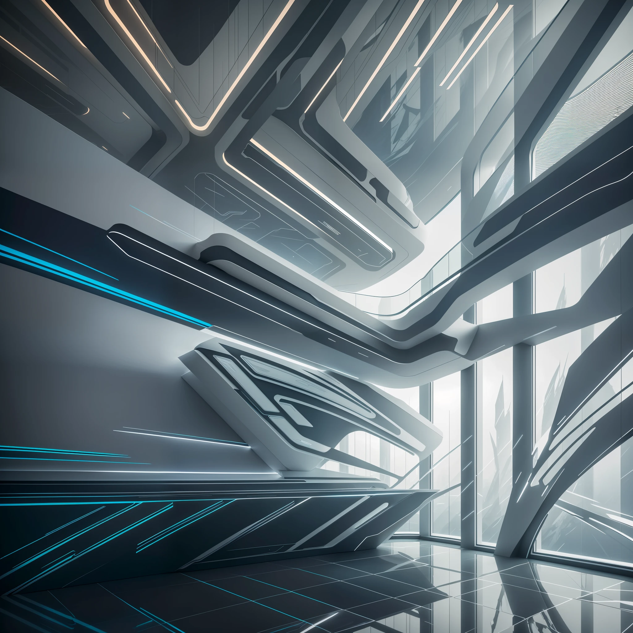 Cinematic photo of an interior design by Zaha hadid, double exposure, sad, ominus background, intrincate details, 8k, realistic colors, hyperrealistic, hdr, delicate detail, highly detailed, masterpiece, very beautiful, adorable, marvelous, exquisite, captivating, smoke, particle fx, mist, fog, --auto --s2