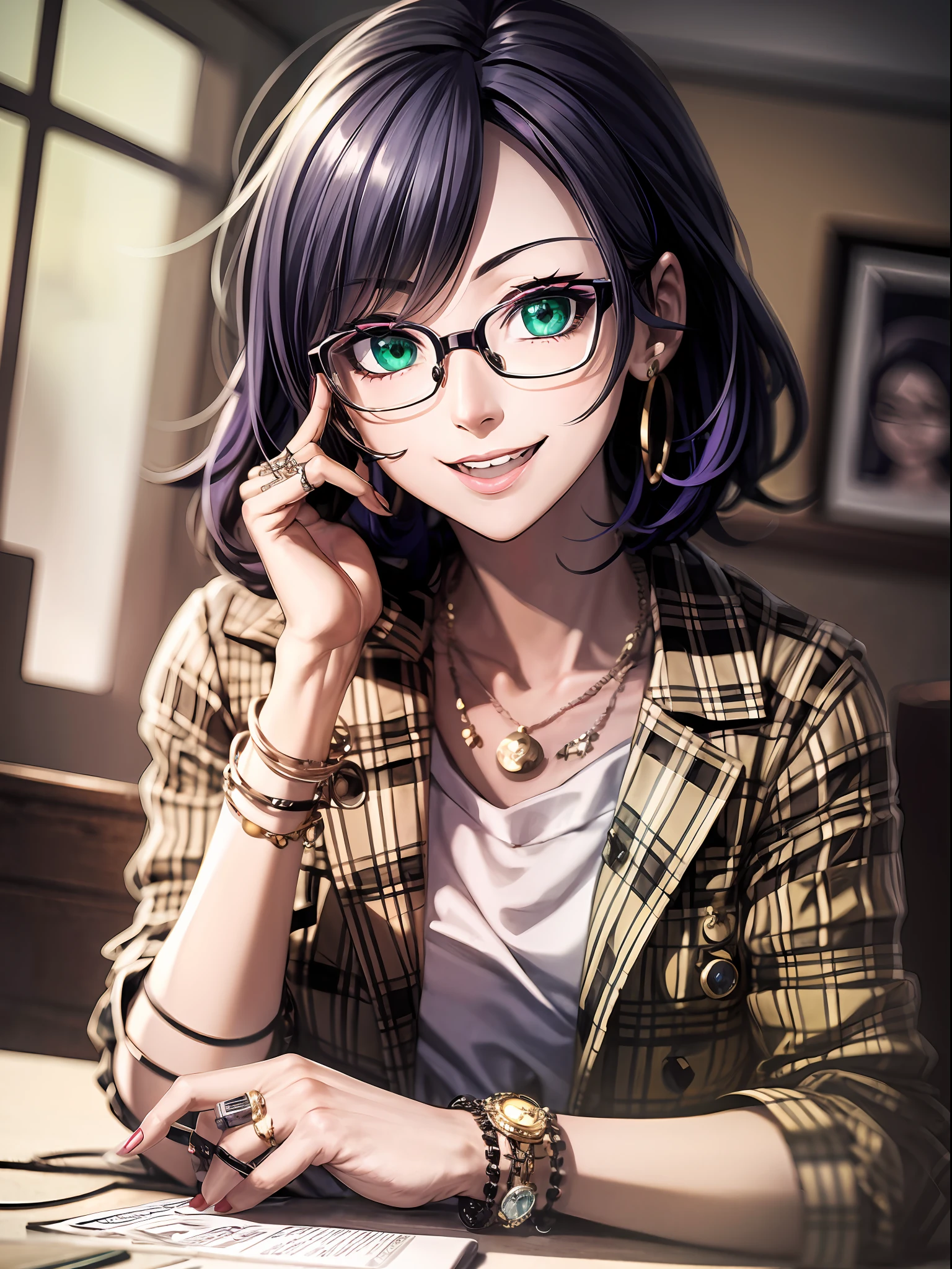 A jovial adult woman, smiling, cheerful, calm and peaceful expression, cute pose, glasses, very short and messy purple hair, emerald green eyes, clothes bigger than her, open plaid jacket full of zippers and assorted stickers and brooches, small breasts, white T-shirt, dark jeans, red lipstick, heart earrings made of emeralds, many rings on the hands, in a café,   (sepia:1.2), various lighting effects, warm weather