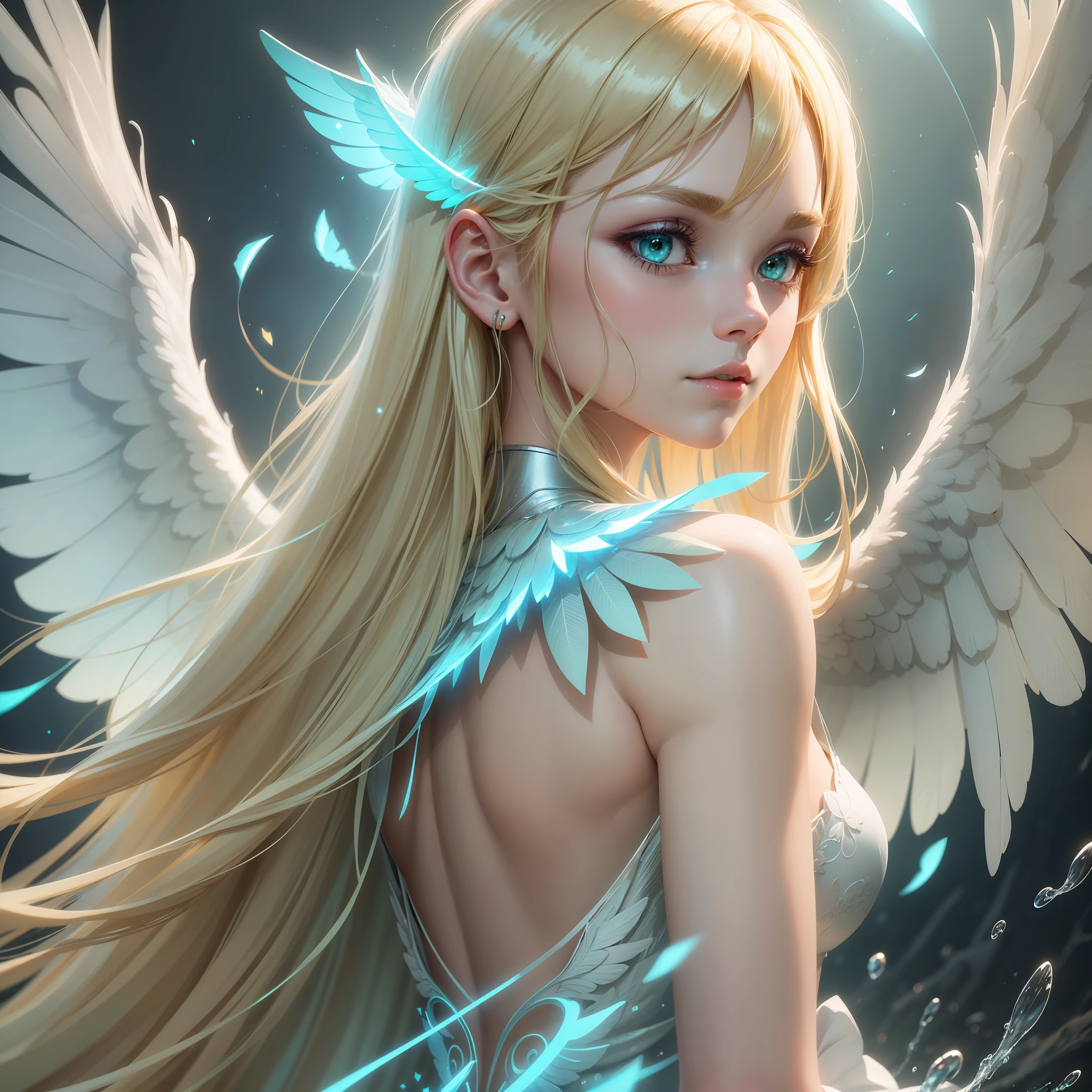 Woman, long blonde hair, water green eyes,solo,32k,Super-Resolution,Full-HD,1080p,Fullscreen,Wallpaper,Generated by Midjourney,1080p, alone, bangs in hair, dressed in a light blue dress, two white wings made of light on the back, white neon wings, metallic wings
