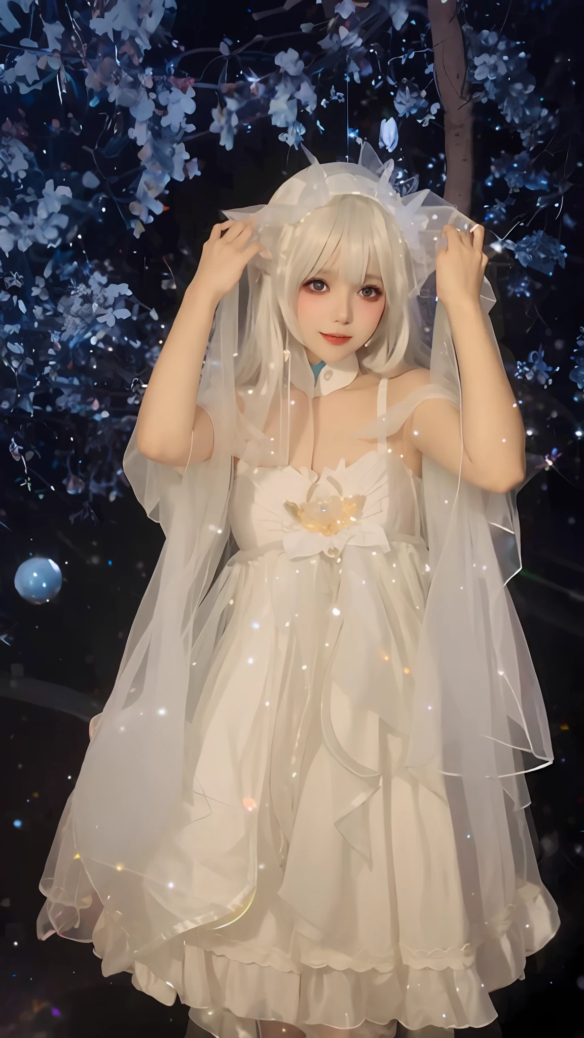 Lolita woman in white dress and veil ghost girl, fairy core, white transparent veil,, wearing translucent veil, wearing translucent sheets, transparent veil, iridescent ethereal veil, catboy role-playing! Maid! Dress, white dress!! Silverhair, Shikami,