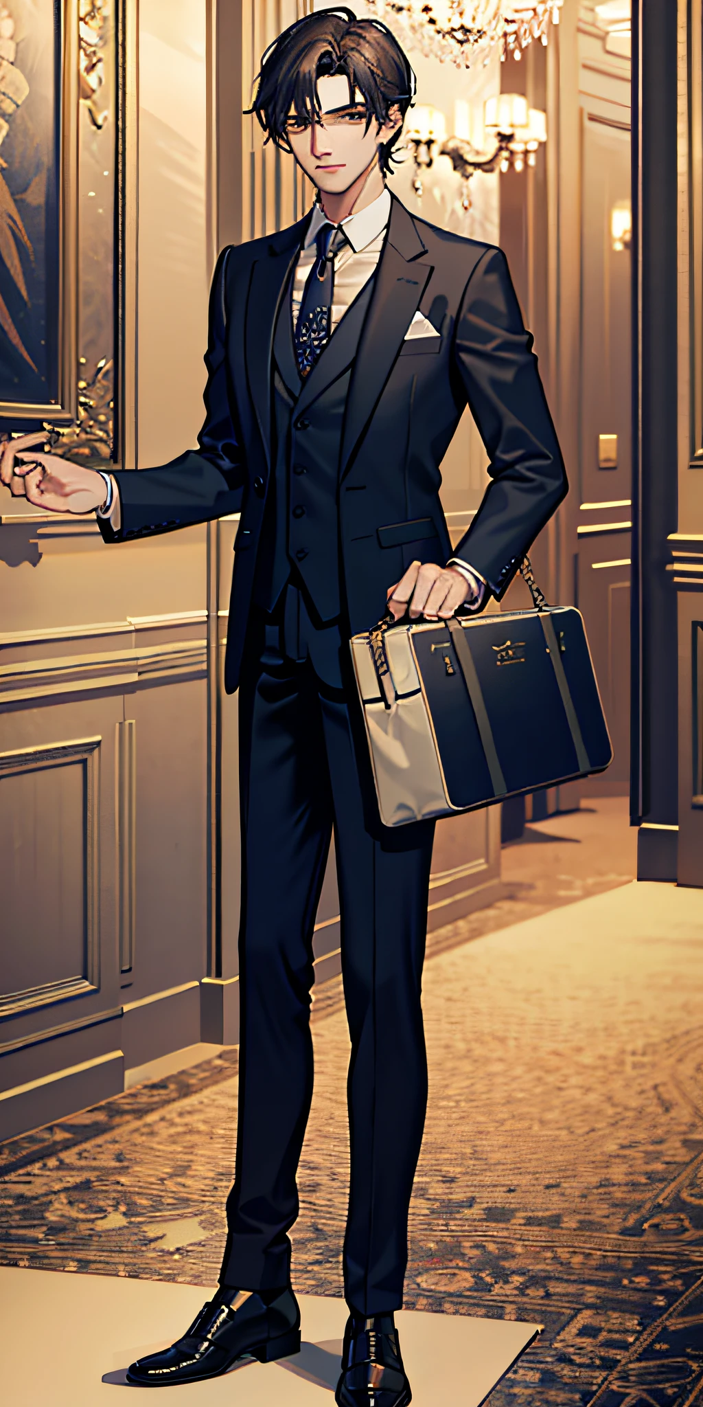 Masterpiece, highest quality, top rich handsome, hotel, suit