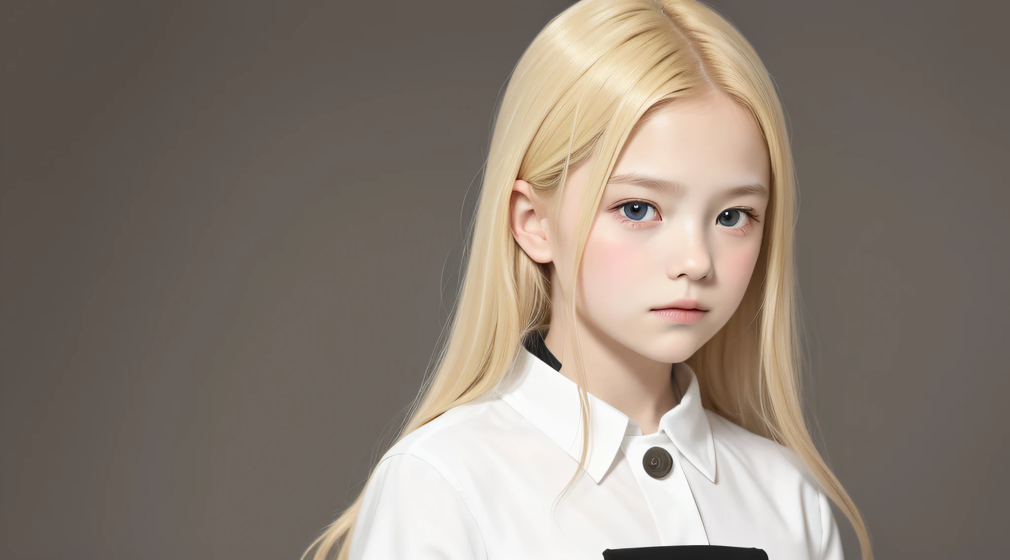 Masterpiece, best quality, realistic, 10 year old child girl with blonde hair, long hair, broad shoulders, small head, upper body, (white background: 1.3), closed mouth.