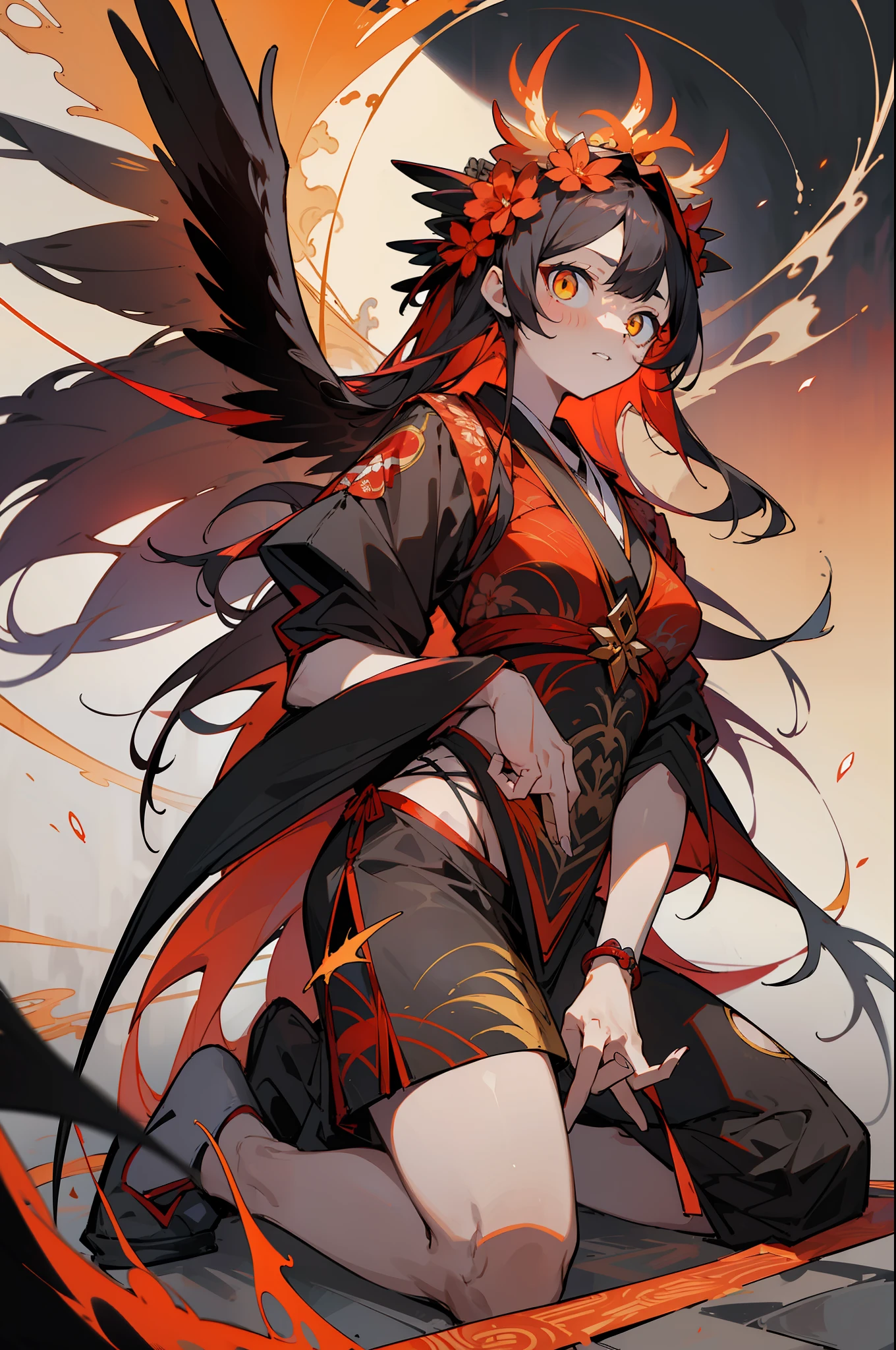 master-piece,hyper quality, hyper detailed,perfect drawing,1 beautiful girl, red and yellow gradient bikini, phoenix ears, phoenix tail, phoenix foot, phoenix fingers, phoenix wings, phoenix horns, hunter's eyes aiming for prey, blonde and red-haired mesh, , height 200cm, three sizes B120W5565H100, melamela, kneeling, pow pause