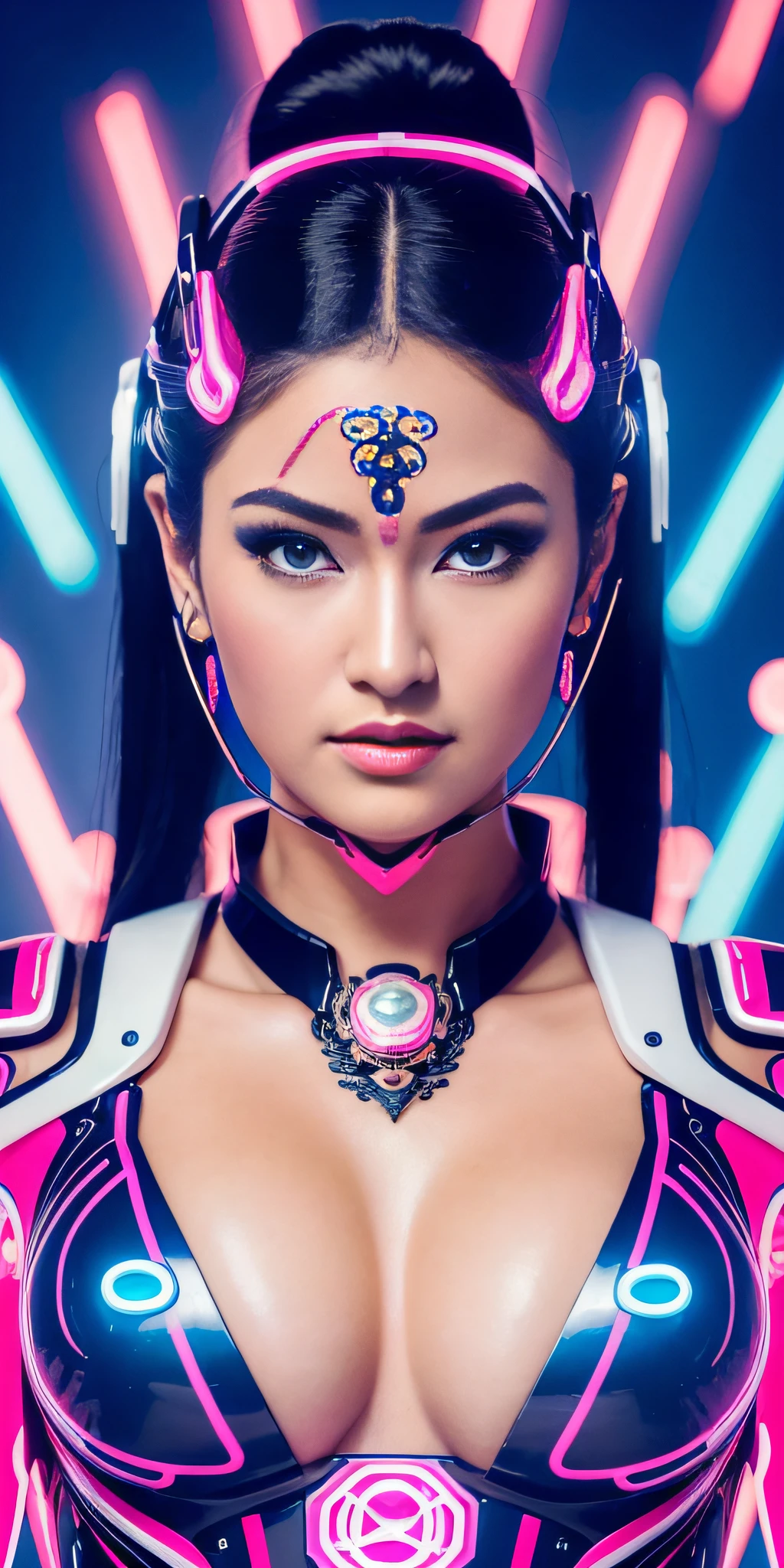 ((hyperrealistic, photorealistic, 8k, intricate details)) , (((masterpieces))), best quality, ultra-detailed, a hot geisha, full breasts, fleshy lips, cyborg, android girl, cyborg queen, robotic goddess, divine circuits, ex-machina goddess, transhuman maiden, cybernetic goddess, cybernetic eroticism, with flowing hair, dynamic angle, dynamic pose, (1 girl), blue eyes, black hair, pink and white kimono, neck mechanisms, beautiful beautiful face,  Neon lighting, multicolored neon cloud, neon twilight, wide plane, neon watercolor.