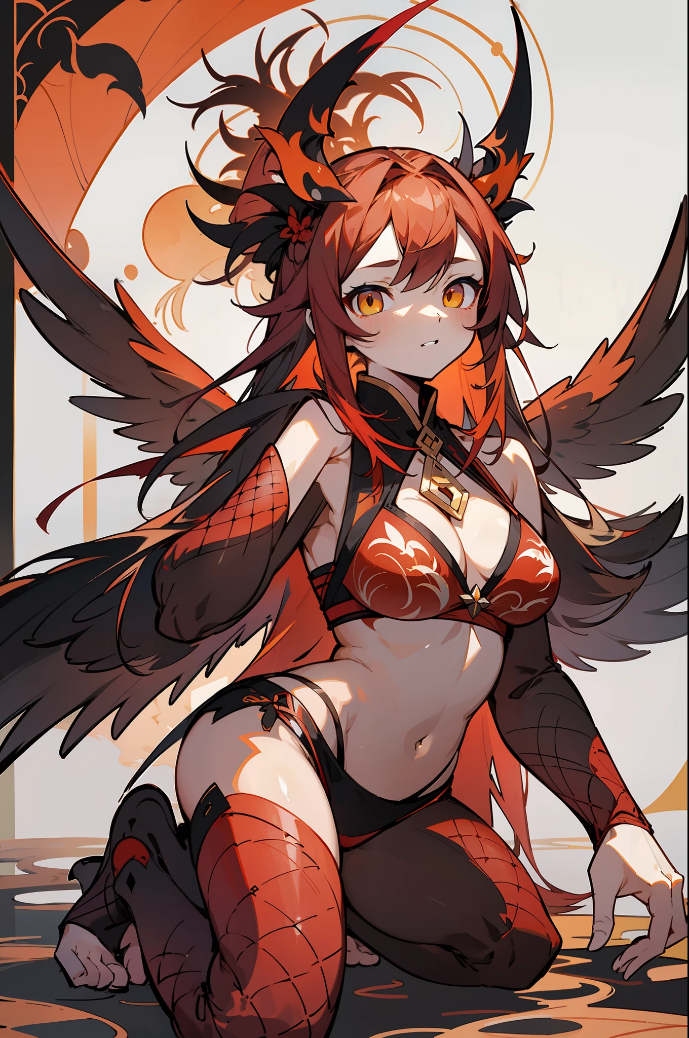 master-piece,hyper quality, hyper detailed,perfect drawing,1 beautiful girl, red and yellow gradient bikini, phoenix ears, phoenix tail, phoenix foot, phoenix fingers, phoenix wings, phoenix horns, hunter's eyes aiming for prey, blonde and red-haired mesh, , height 200cm, three sizes B120W5565H100, melamela, kneeling, pow pause