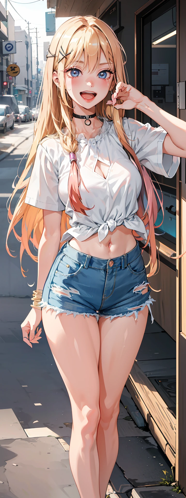 best quality,ultra-detailed,high resolution,extremely detailed cg,anime picture,unity 8k wallpaper,
blond hair,blue eyes,long hair,ripped shorts,white shirt,purse,navel,looking at viewer,hair ornament,smile,pov doorway,open mouth,denim,x hair ornament,cyberpunk,