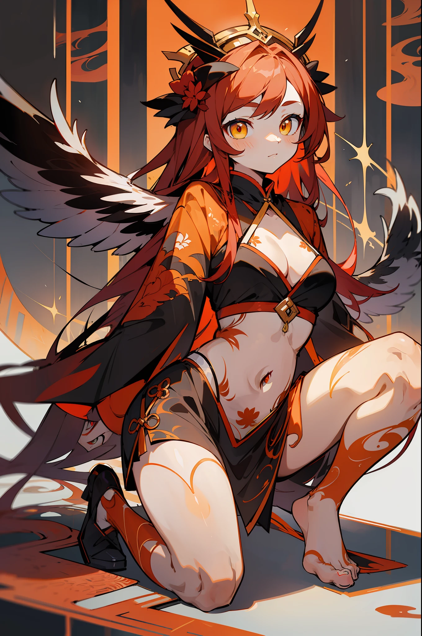 master-piece,hyper quality, hyper detailed,perfect drawing,1 beautiful girl, red and yellow gradient bikini, phoenix ears, phoenix tail, phoenix foot, phoenix fingers, phoenix wings, phoenix horns, hunter's eyes aiming for prey, blonde and red-haired mesh, , height 200cm, three sizes B120W5565H100, melamela, kneeling, pow pause