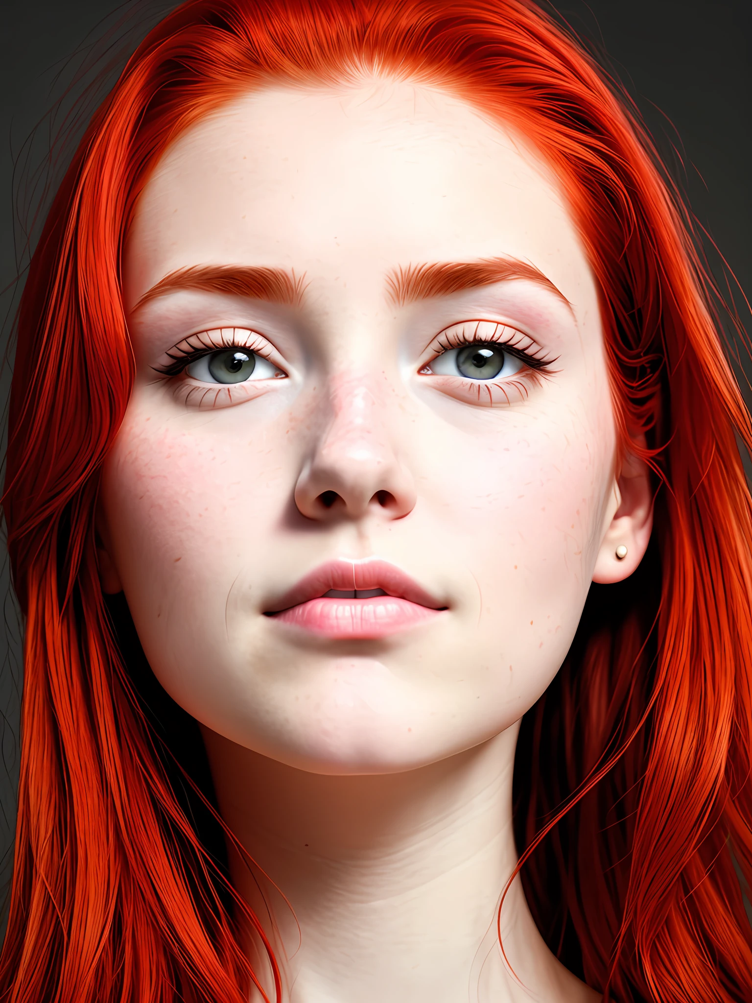 red-haired face, looking up, front, nose up up,