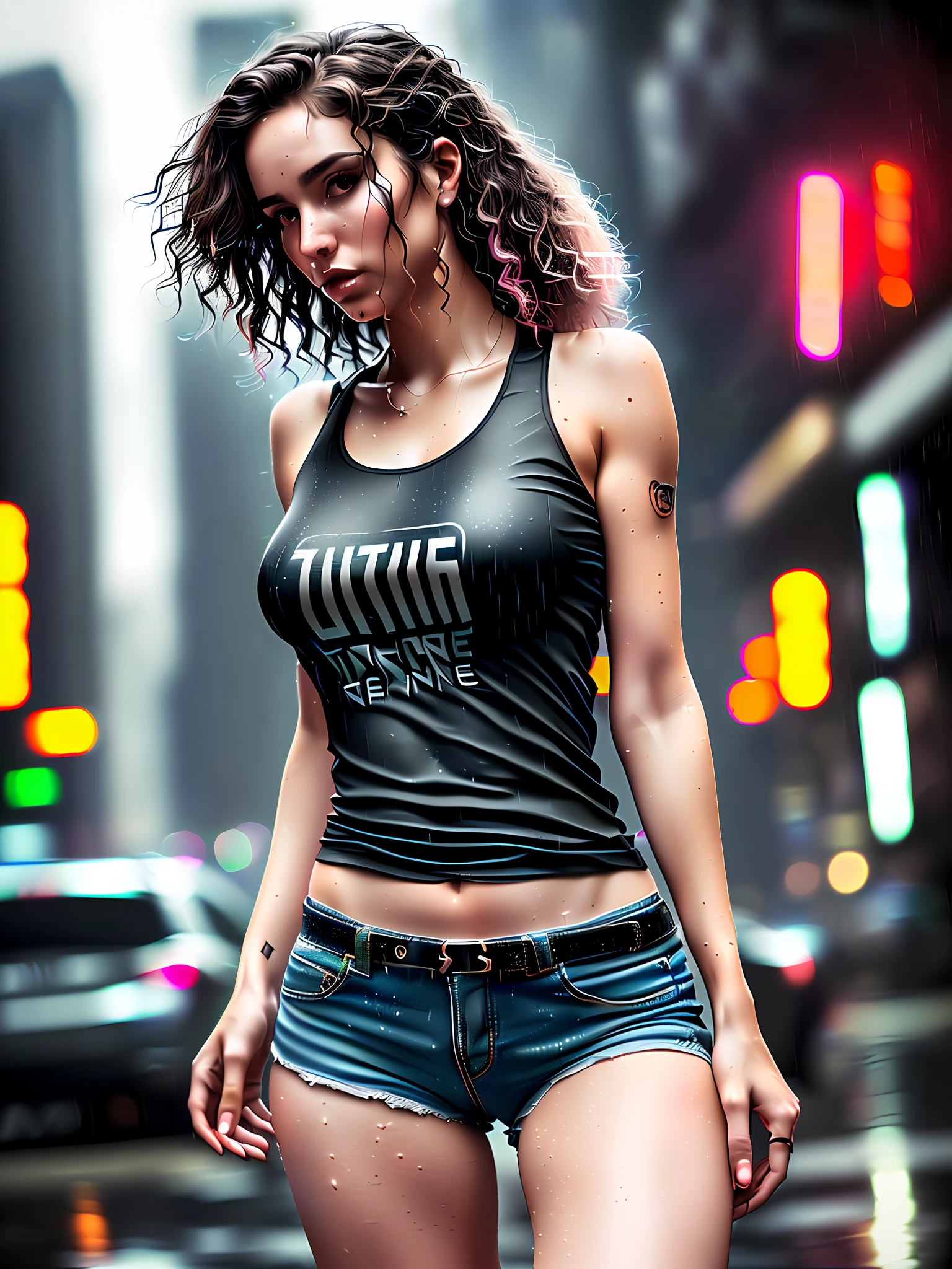 gorgeous woman with wavy hair detailed alluring eyes Thigh gap long sexy legs wearing tiny shorts tshirt in beautiful futuristic cyberpunk+ city, mist, wet, raining, best quality masterpiece, photorealistic, detailed, 8k, HDR, shallow depth of field, broad light, high contrast, backlighting, bloom, light sparkles, chromatic aberration, sharp focus, RAW color photo