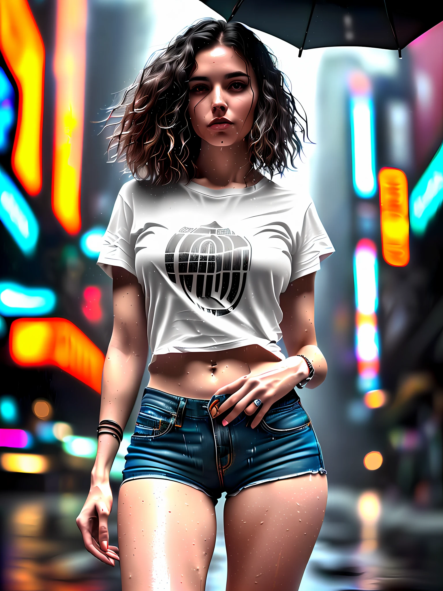 gorgeous woman with wavy hair detailed alluring eyes Thigh gap long sexy legs wearing tiny shorts tshirt in beautiful futuristic cyberpunk+ city, mist, wet, raining, best quality masterpiece, photorealistic, detailed, 8k, HDR, shallow depth of field, broad light, high contrast, backlighting, bloom, light sparkles, chromatic aberration, sharp focus, RAW color photo