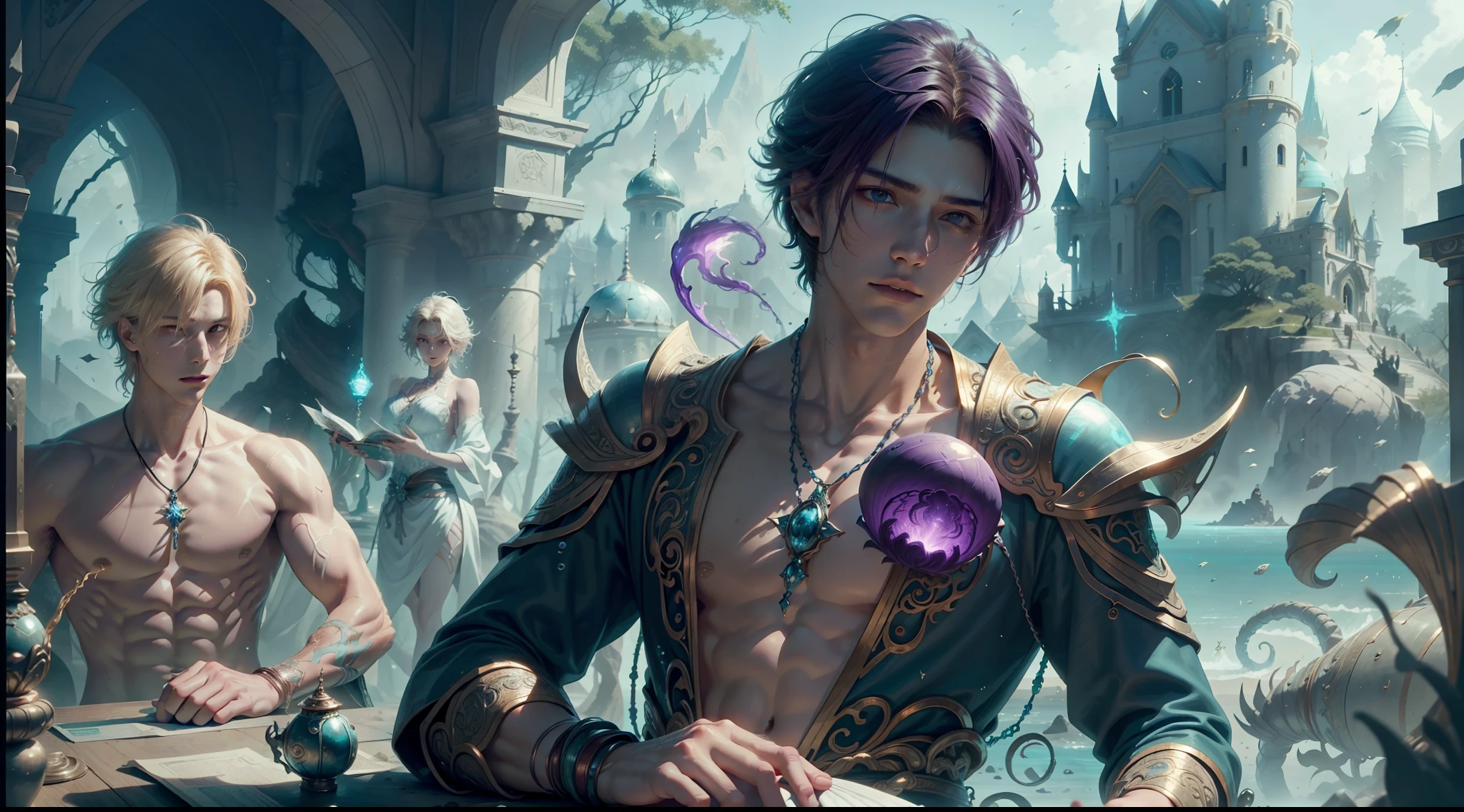 Multi-person interaction, intimate couple, beautiful composition, gorgeous underwater light, "1boy, (Sousuke Aozen), close-up, badass pose, bleach, powerful aura, purple aura", HD, unparalleled masterpiece, dynamic lighting, movie, epic, and "1girl, (dynamic pose), confident powerful mysterious smile, beautiful blonde, (perfect facial features)", (Enchanted Forest: 1.3), (Magic Glow: 1.2), Elegant Atmosphere, (Secluded Beach: 0.8), (Seashell: 0.9), (Flawless Skin: 1.2), breathtaking details. (Masterpiece, best quality: 1.2),