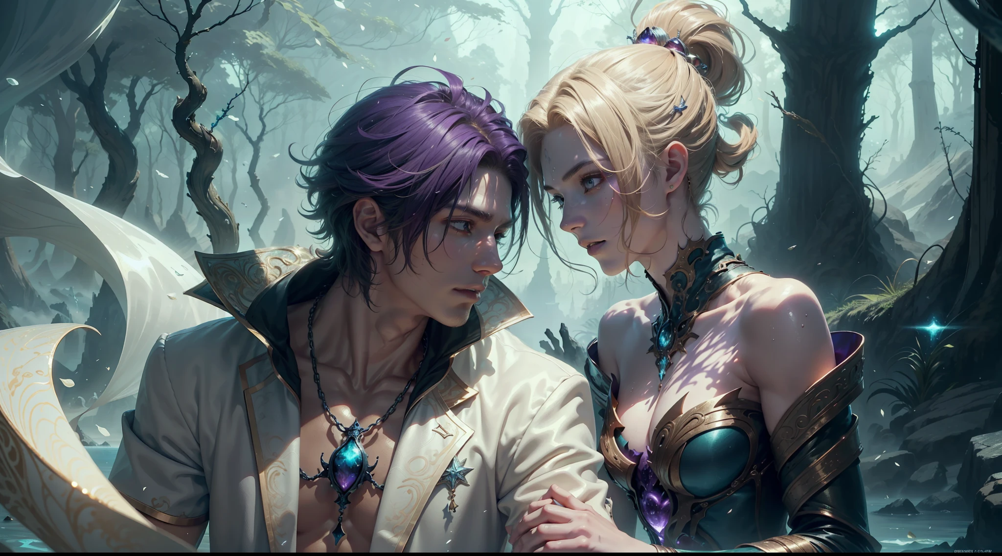 Multi-person interaction, intimate couple, beautiful composition, gorgeous underwater light, "1boy, (Sousuke Aozen), close-up, badass pose, bleach, powerful aura, purple aura", HD, unparalleled masterpiece, dynamic lighting, movie, epic, and "1girl, (dynamic pose), confident powerful mysterious smile, beautiful blonde, (perfect facial features)", (Enchanted Forest: 1.3), (Magic Glow: 1.2), Elegant Atmosphere, (Secluded Beach: 0.8), (Seashell: 0.9), (Flawless Skin: 1.2), breathtaking details. (Masterpiece, best quality: 1.2),