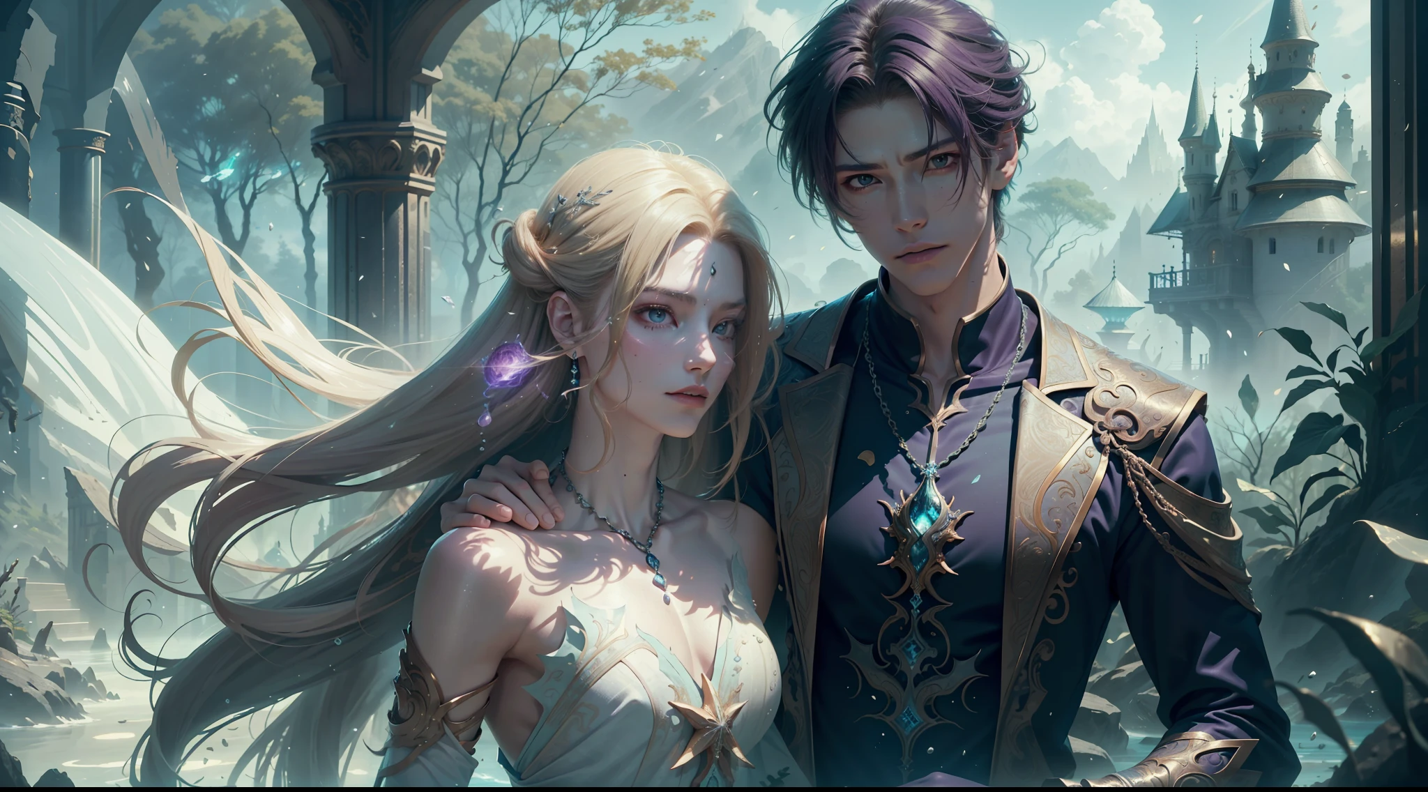 Multi-person interaction, intimate couple, beautiful composition, gorgeous underwater light, "1boy, (Sousuke Aozen), close-up, badass pose, bleach, powerful aura, purple aura", HD, unparalleled masterpiece, dynamic lighting, movie, epic, and "1girl, (dynamic pose), confident powerful mysterious smile, beautiful blonde, (perfect facial features)", (Enchanted Forest: 1.3), (Magic Glow: 1.2), Elegant Atmosphere, (Secluded Beach: 0.8), (Seashell: 0.9), (Flawless Skin: 1.2), breathtaking details. (Masterpiece, best quality: 1.2),