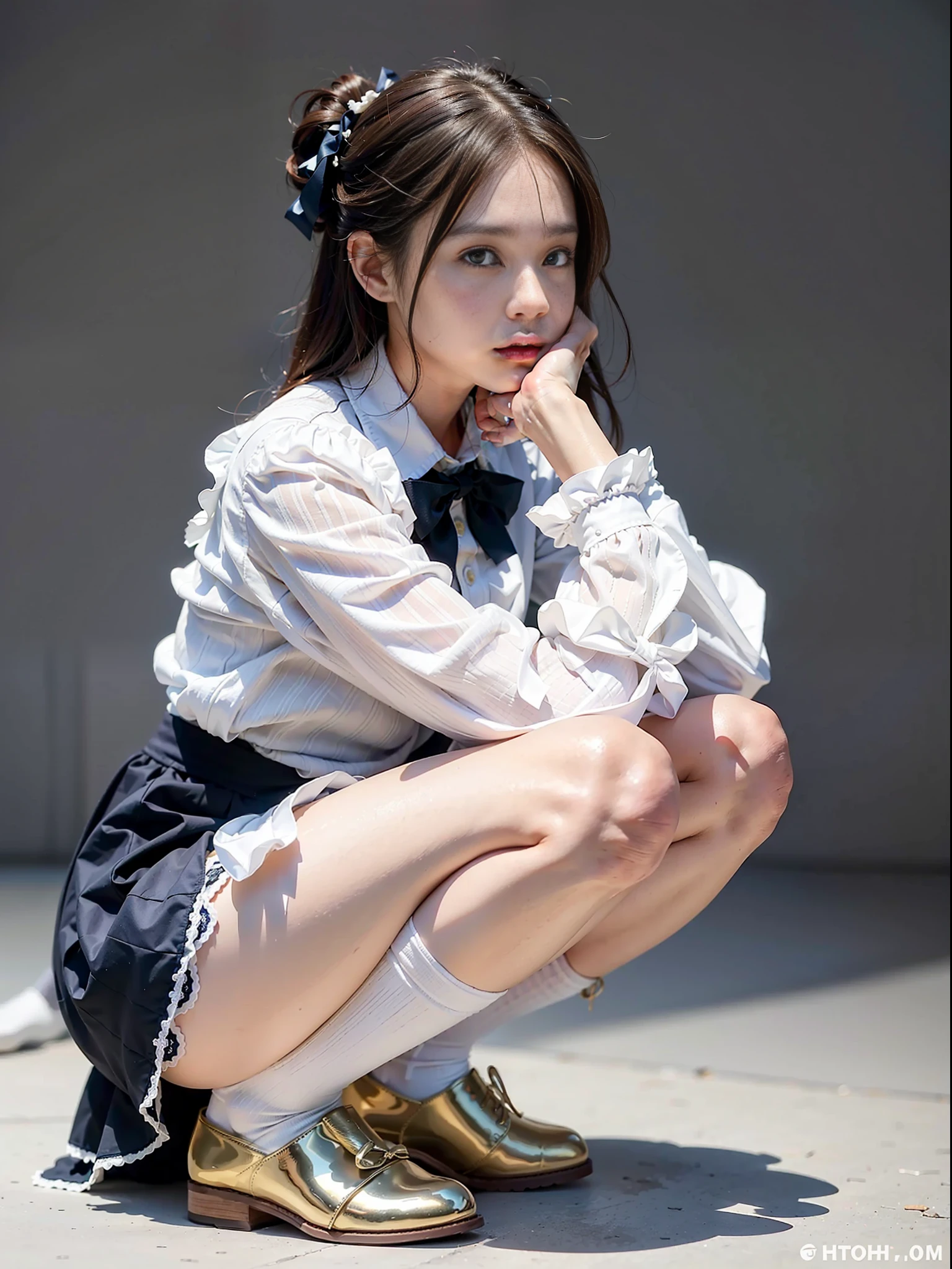 (Photoreal: 1.4), (Hyperrealistic: 1.4), (Realistic: 1.3), (Smooth Lighting: 1.05), (Improved Cinematic Lighting Quality: 0.9), 32K, 1 female, 24 year old female, Realistic lighting, Backlight, Face Lights, Ray Tracking, (Bright Light: 1.2), (Quality Improvement: 1.4), ( Realistic textured skin of the highest quality: 1.4), fine detailed eyes, detailed face, fine quality eyes, dark brown eyes, (tired, sleepy and satisfied: 0.0), pale lighting, white background, blouse with white frills, bow tie, dark blue skirt, dark brown hair, braided part of the hair and tied a small ribbon, squatting with knees, white silk ankle-length socks with ruffles, pumps